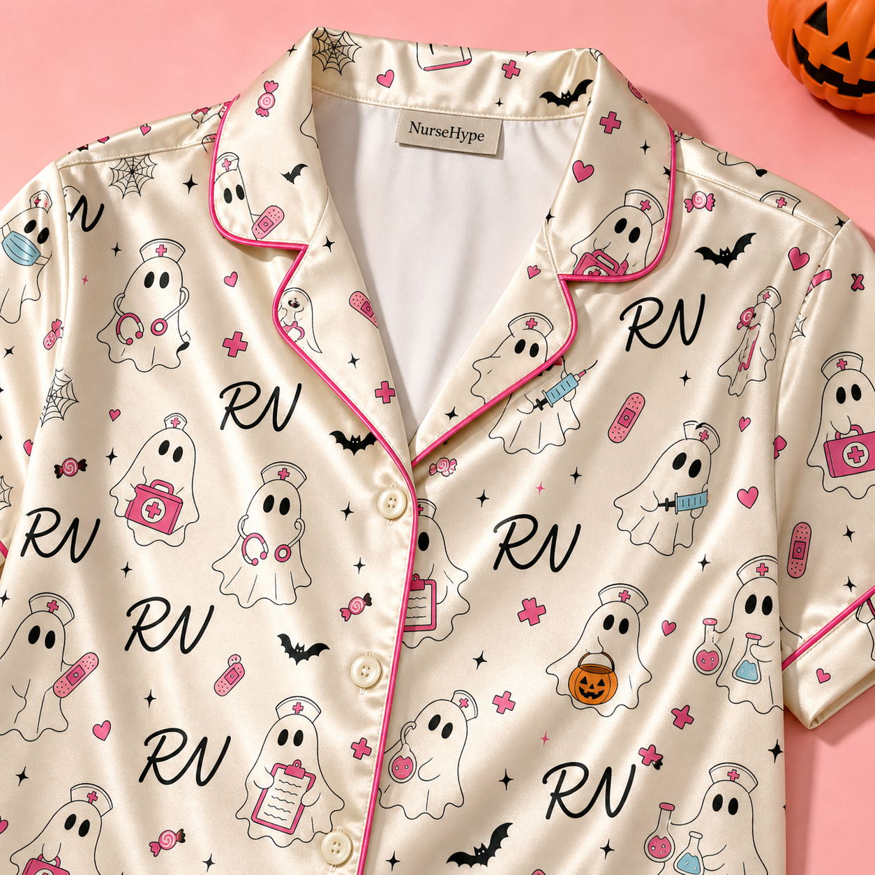 Cream Pink Ghost Nurse Halloween Satin Pajama Set