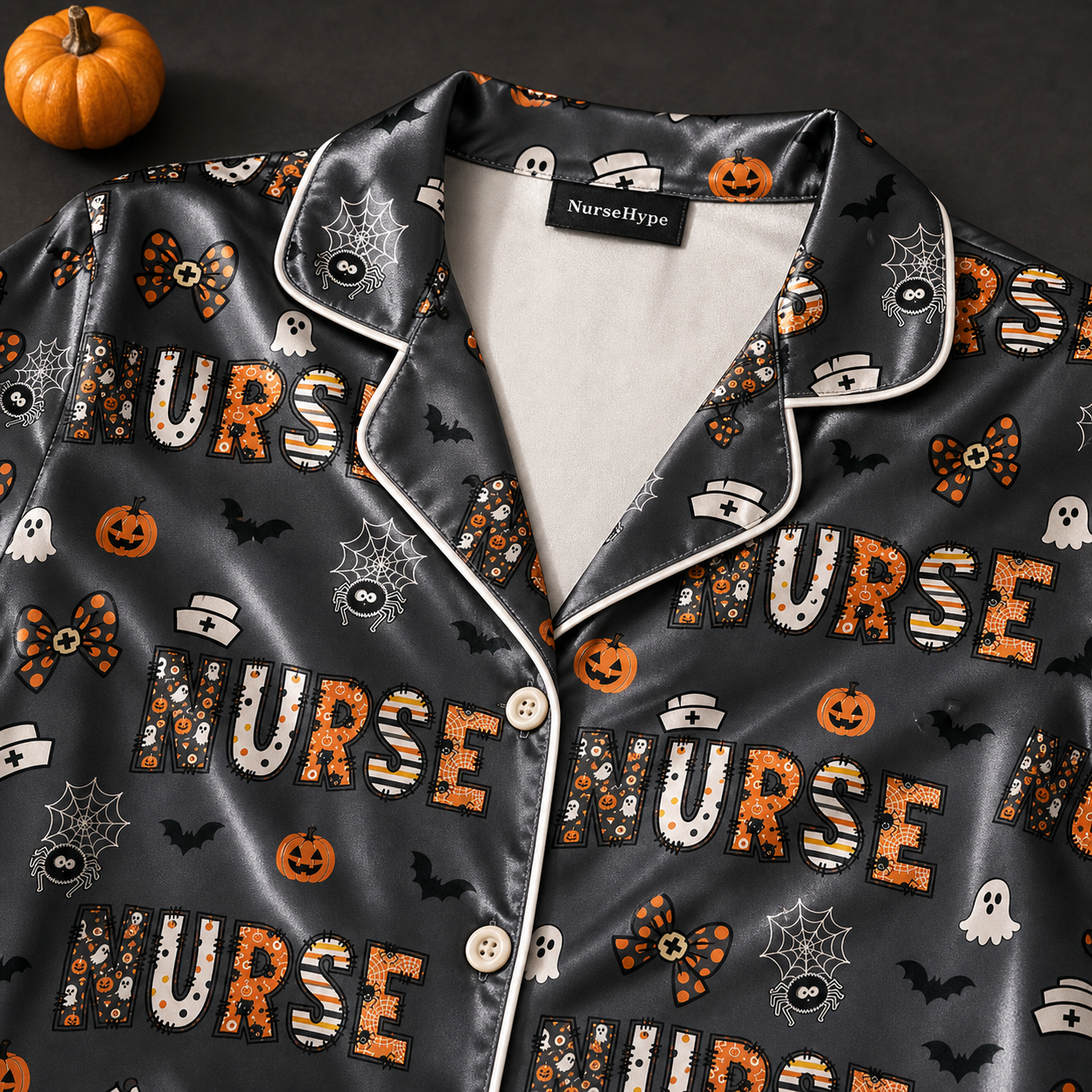 Spider Web Ghost Nurse Halloween Satin Pajama Set - Collar detail