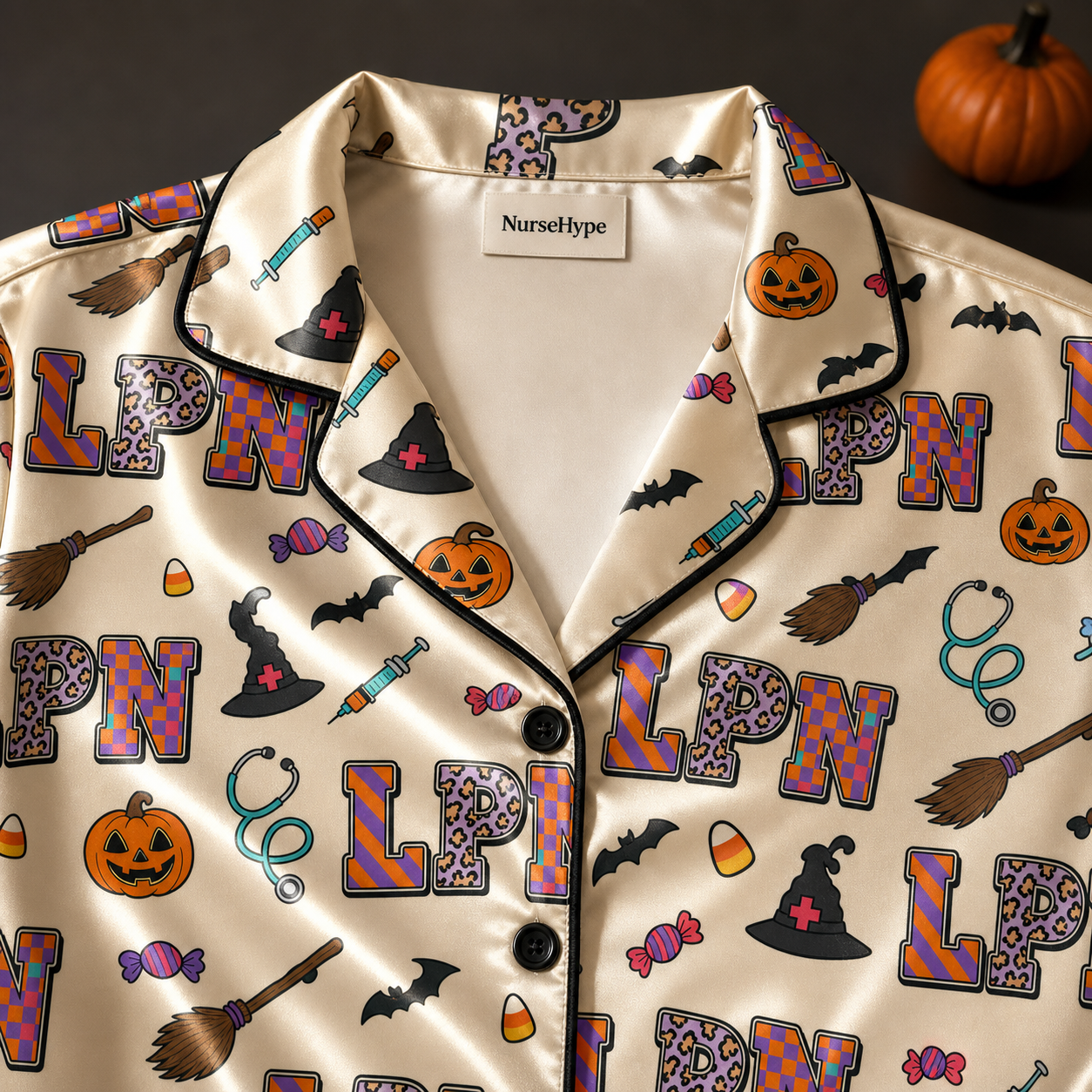 Witch Hat Broom LPN Halloween Satin Pajama Set