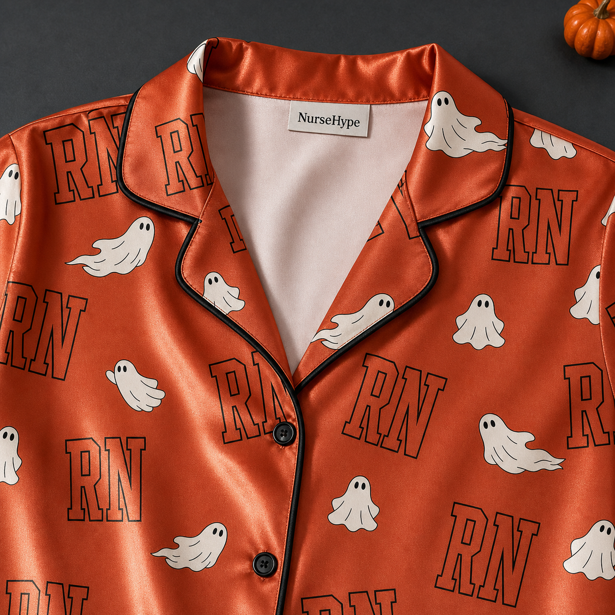 Cute Ghost RN Halloween Satin Pajama Set - Collar close up