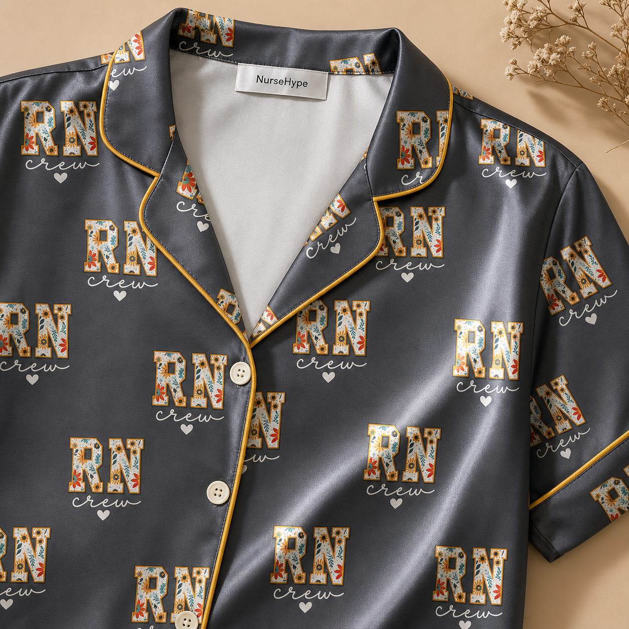 RN Crew Sunflower Floral Satin Pajama Set - Collar close up