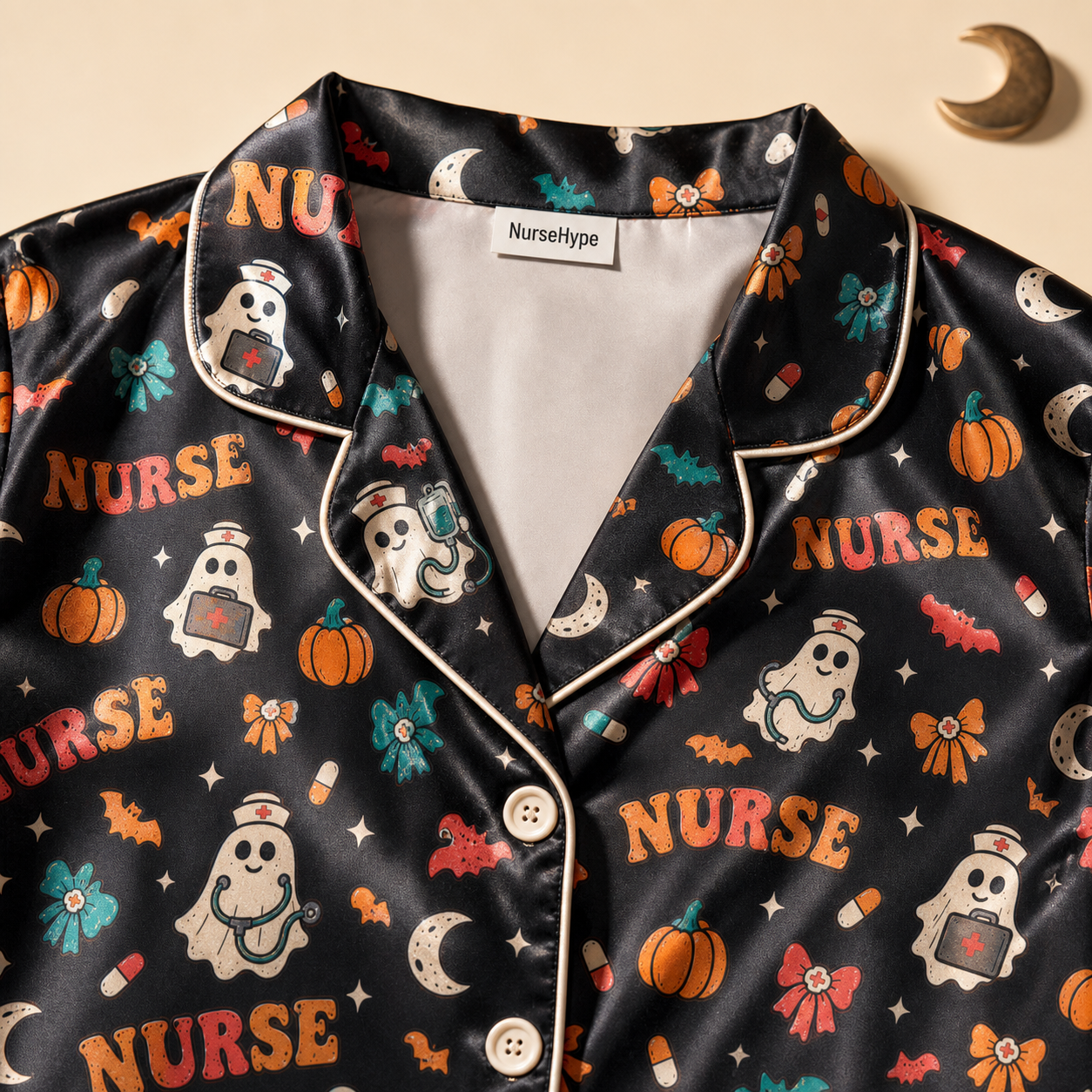 Retro Nurse Ghost Halloween Black Satin Pajama Set - Collar detail
