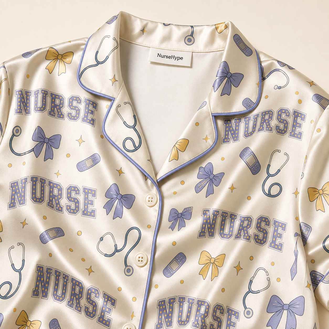 Nurse Varsity Bow Bandage Satin Pajama Set - Collar Close Up