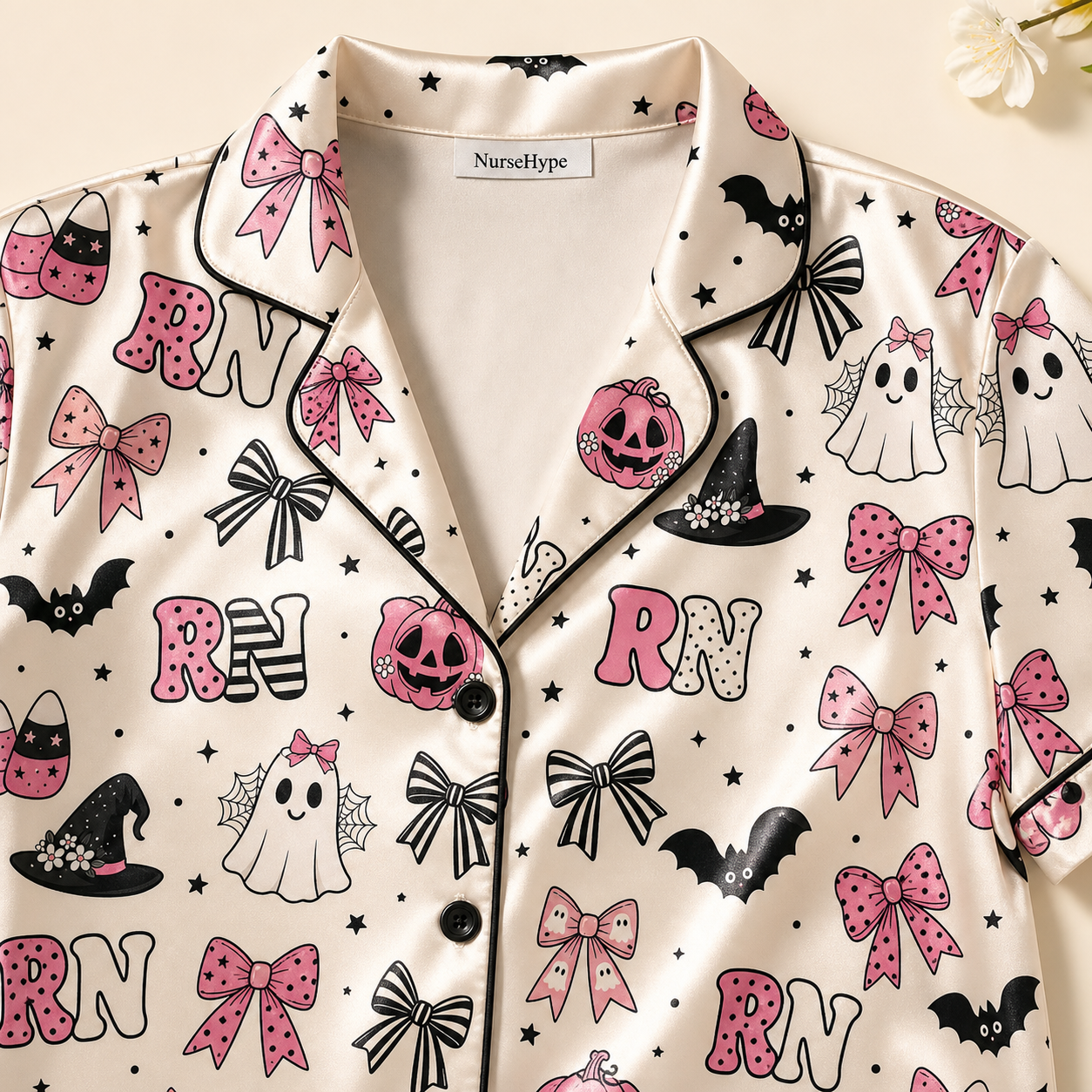Pink Bow Pumpkin RN Halloween Satin Pajama Set