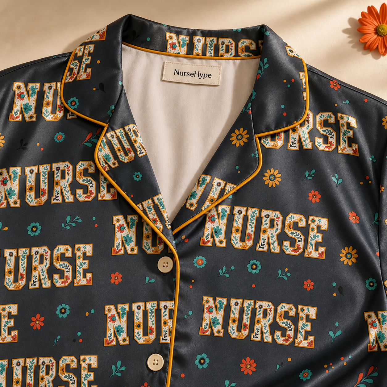 Retro Wildflower Nurse Navy Satin Pajama Set - Collar detail