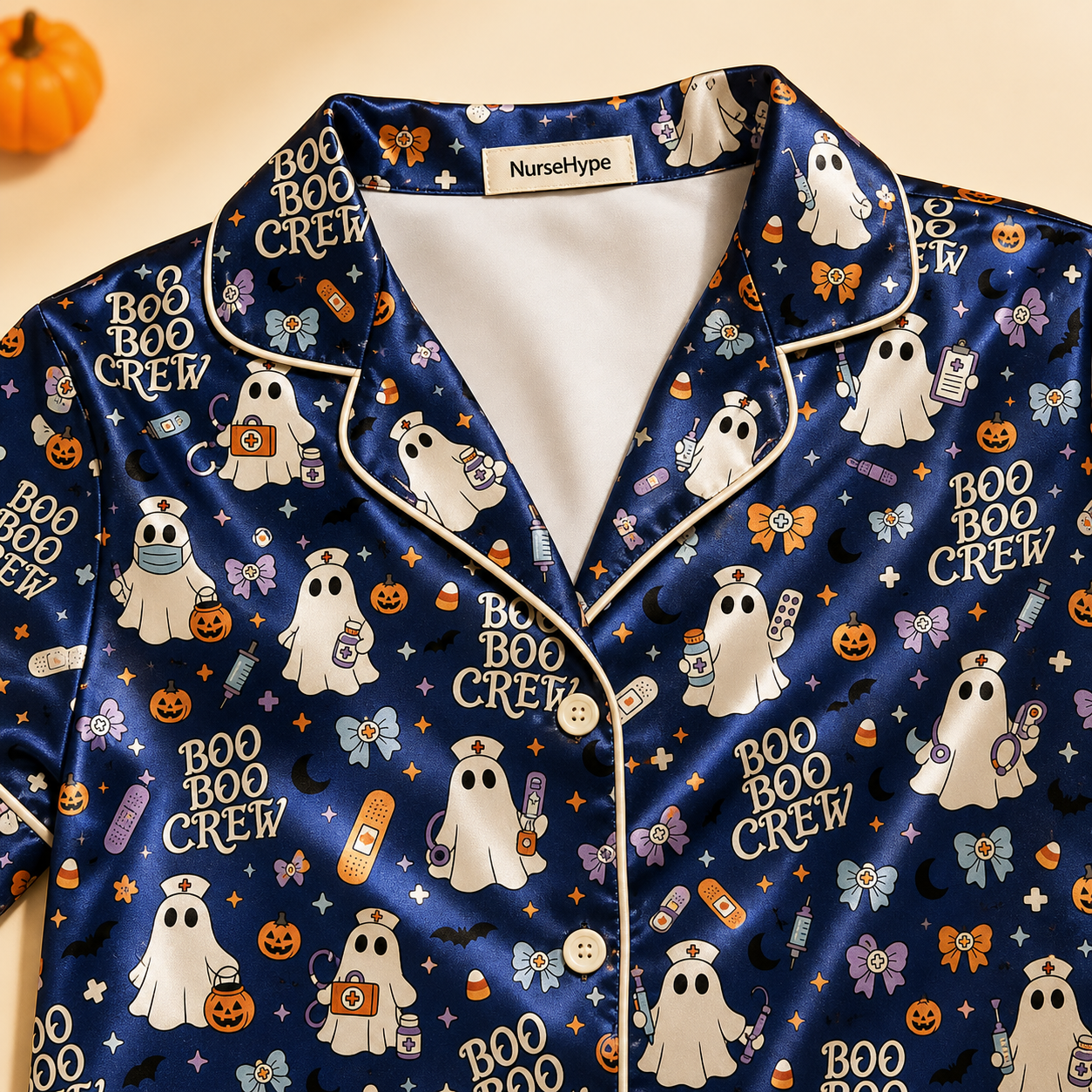 Boo Boo Crew Nurse Ghost Halloween Satin Pajama Set - Collar detail