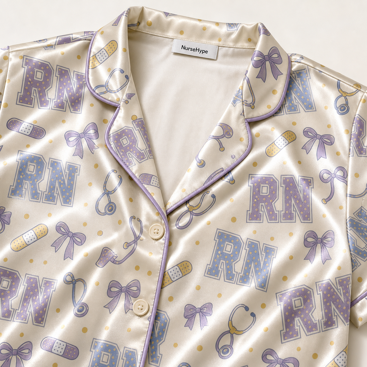RN Polka Dot Varsity Bow Purple Satin Pajama Set - Collar Close Up