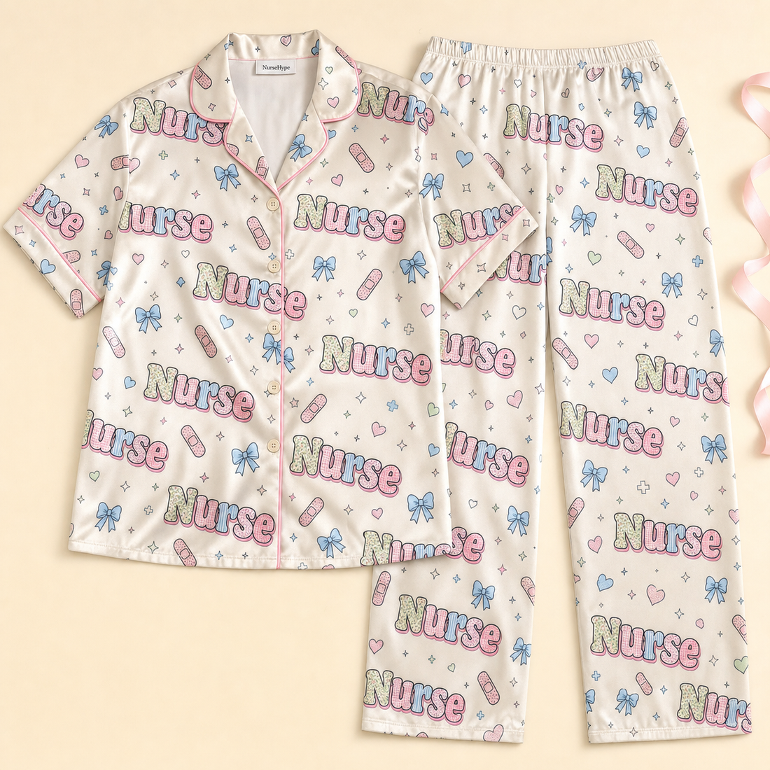Cute Nurse Bandage Bow Satin Pajama Set - Short flat lay