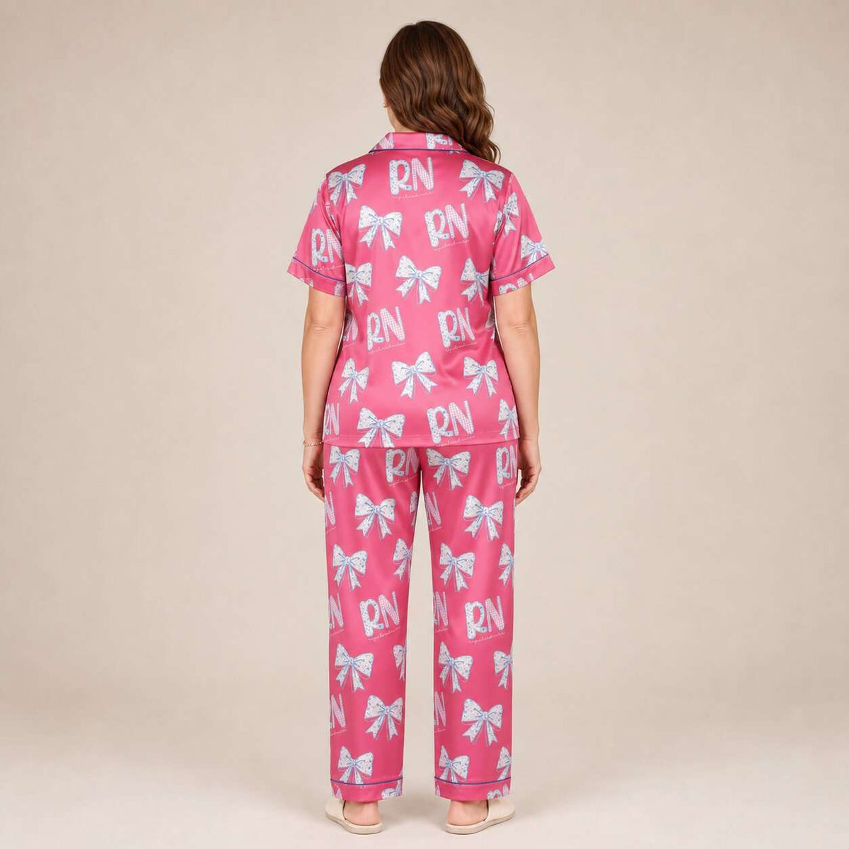 RN Registered Nurse Hot Pink Floral Bow Satin Pajama Set