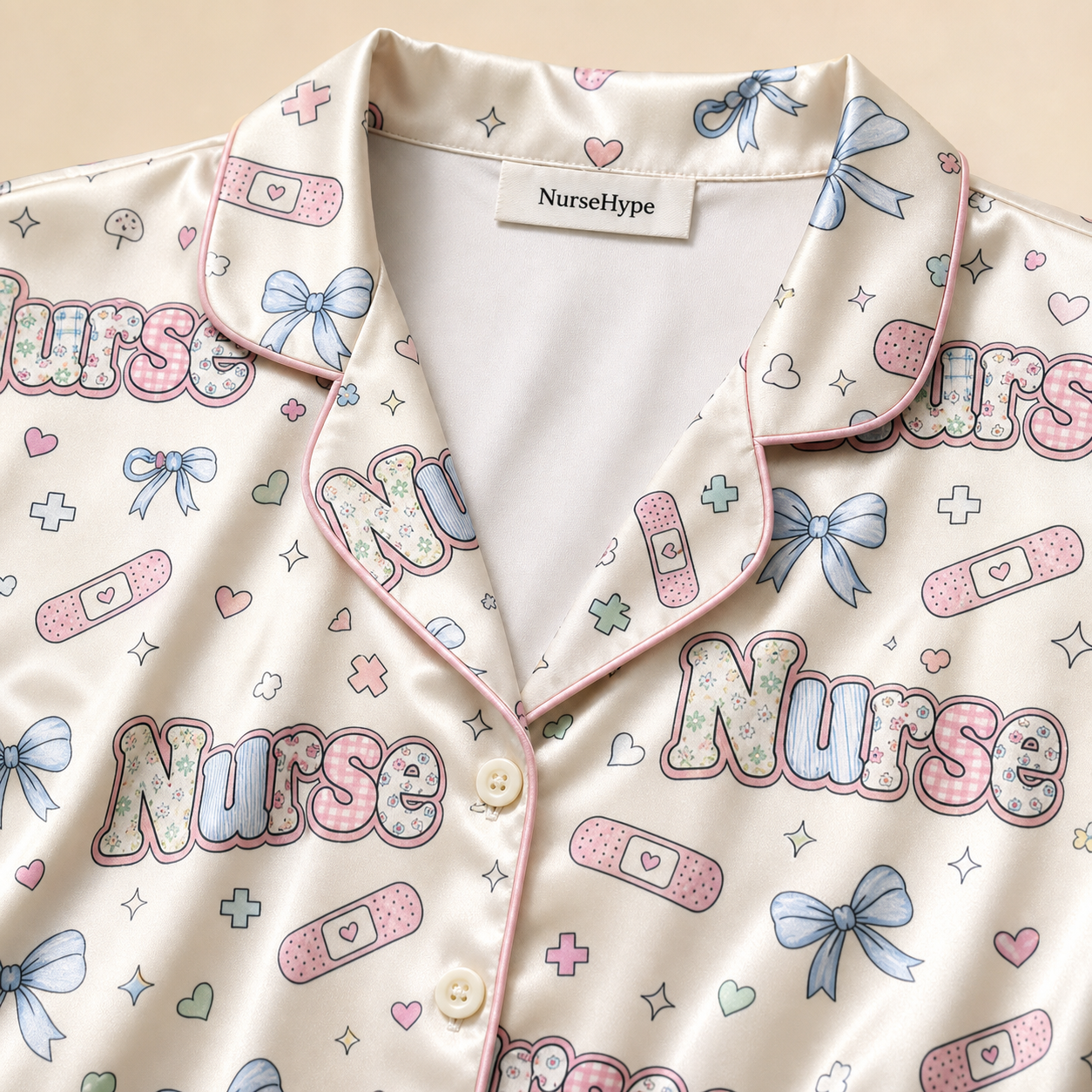 Cute Nurse Bandage Bow Satin Pajama Set - Collar close-up