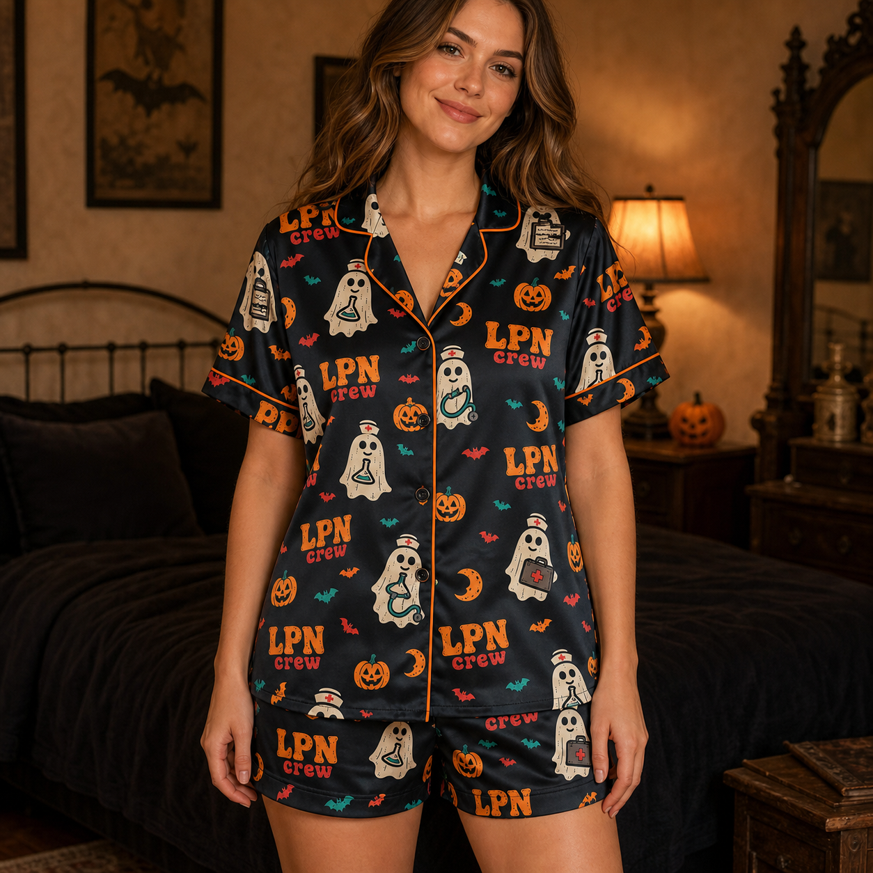 Black LPN Crew Halloween Ghost Satin Pajama Set - Short lifestyle