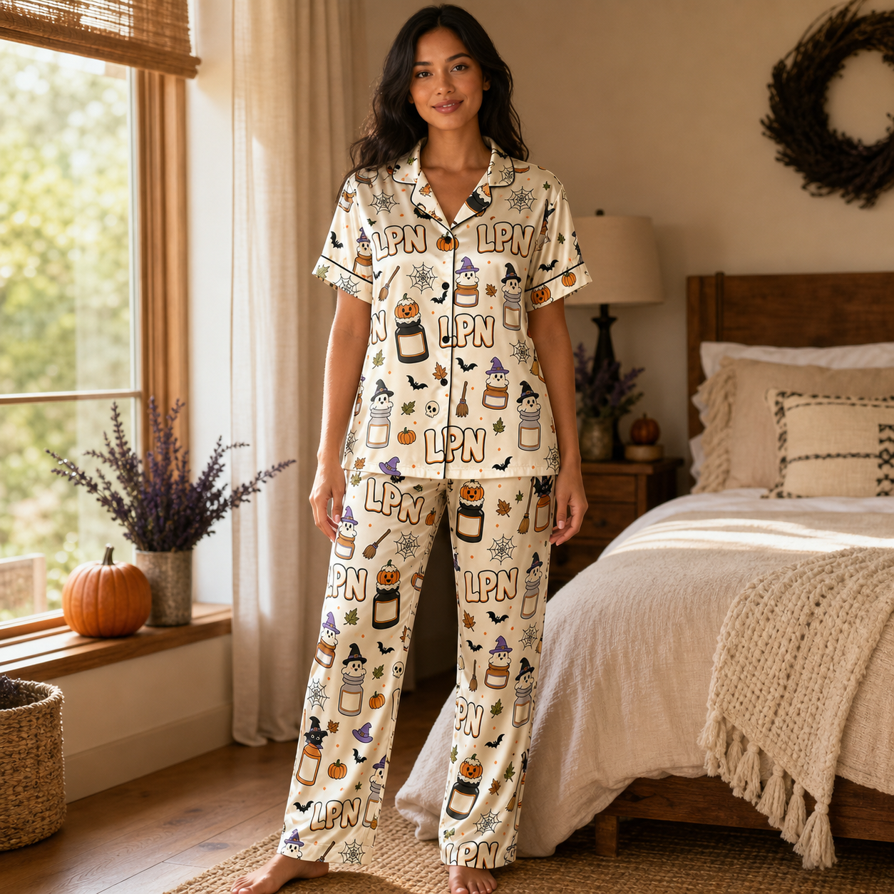 Witch Jar Ghost LPN Halloween Satin Pajama Set - Long lifestyle