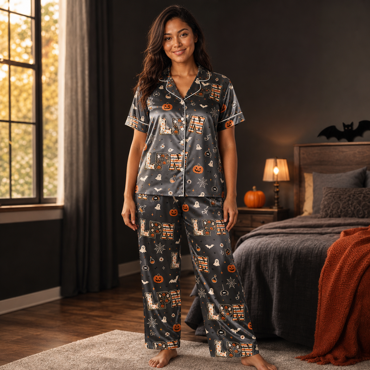 Black Spider Potion LPN Halloween Satin Pajama Set