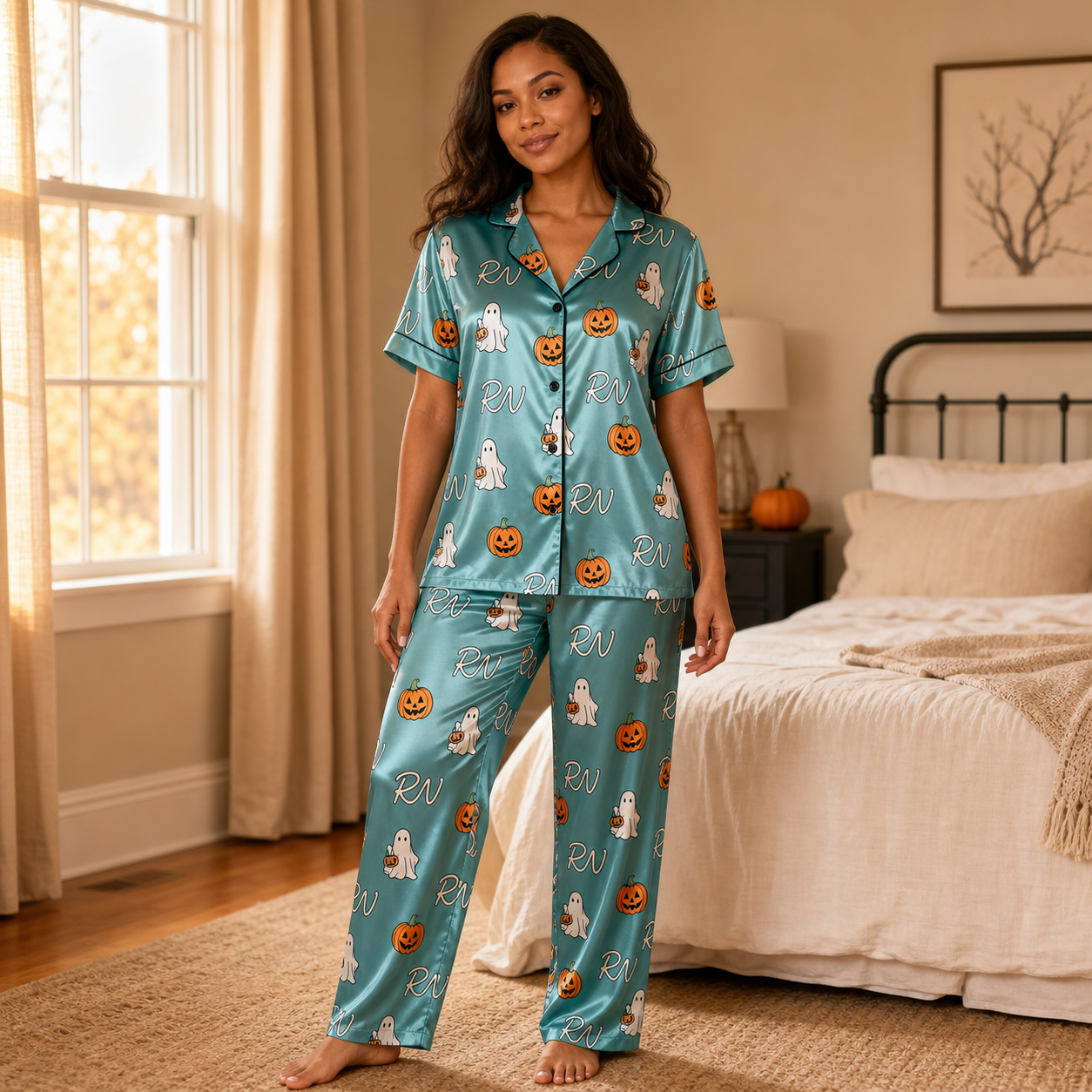 Teal Pumpkin Ghost RN Halloween Satin Pajama Set