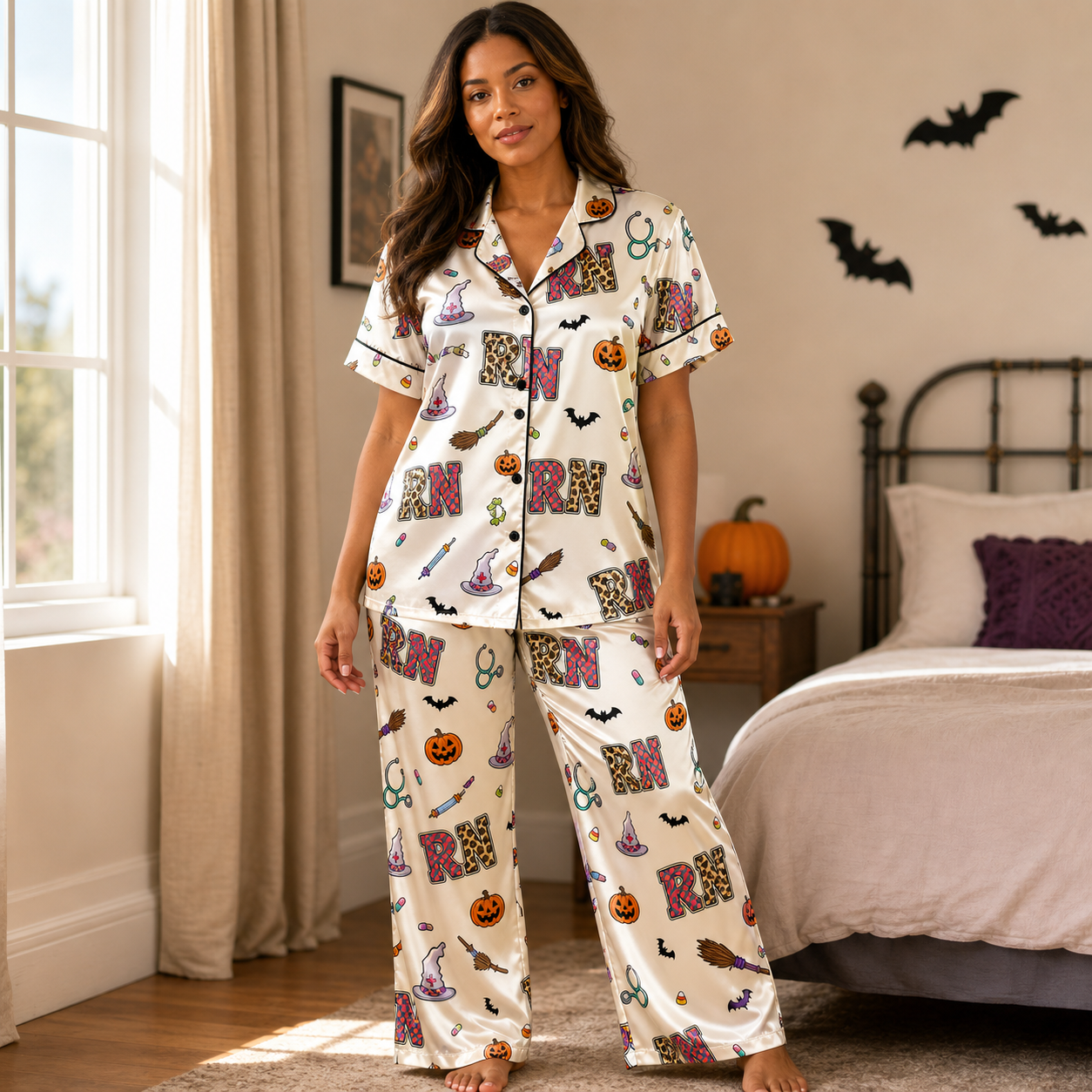 Leopard RN Halloween Candy Satin Pajama Set