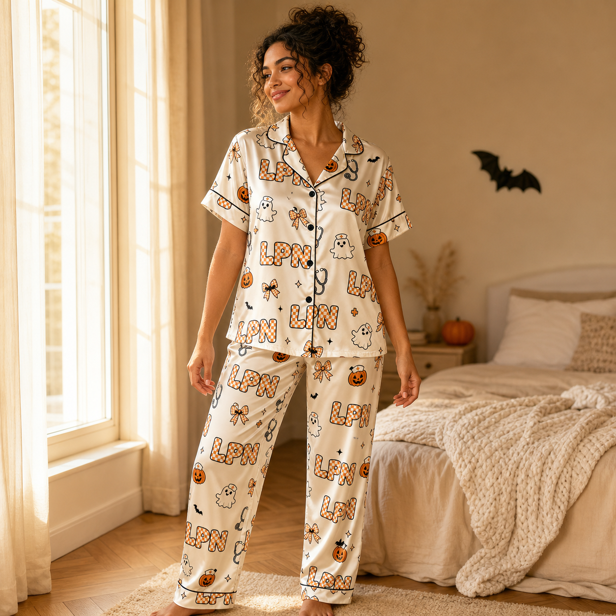 Checkered Ghost Pumpkin LPN Halloween Satin Pajama Set