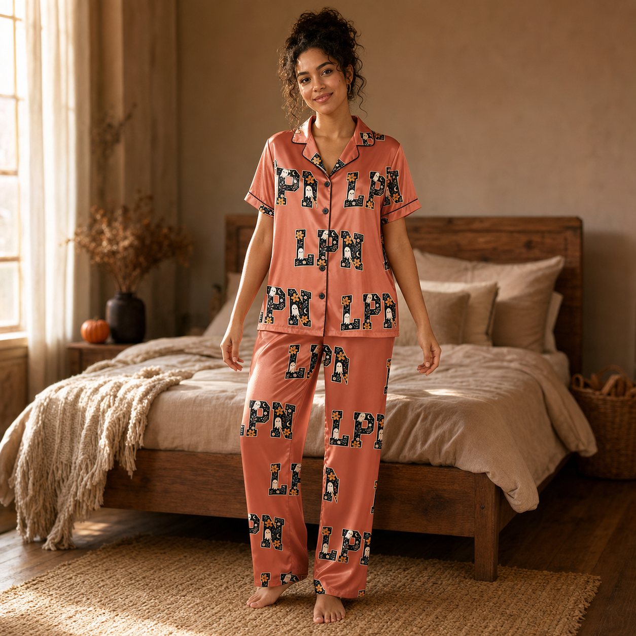 Terracotta Floral Ghost LPN Halloween Satin Pajama Set
