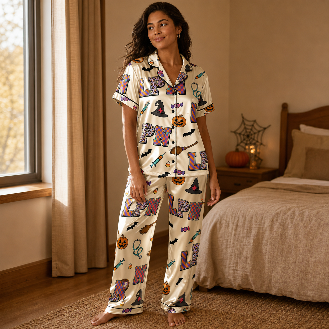 Witch Hat Broom LPN Halloween Satin Pajama Set