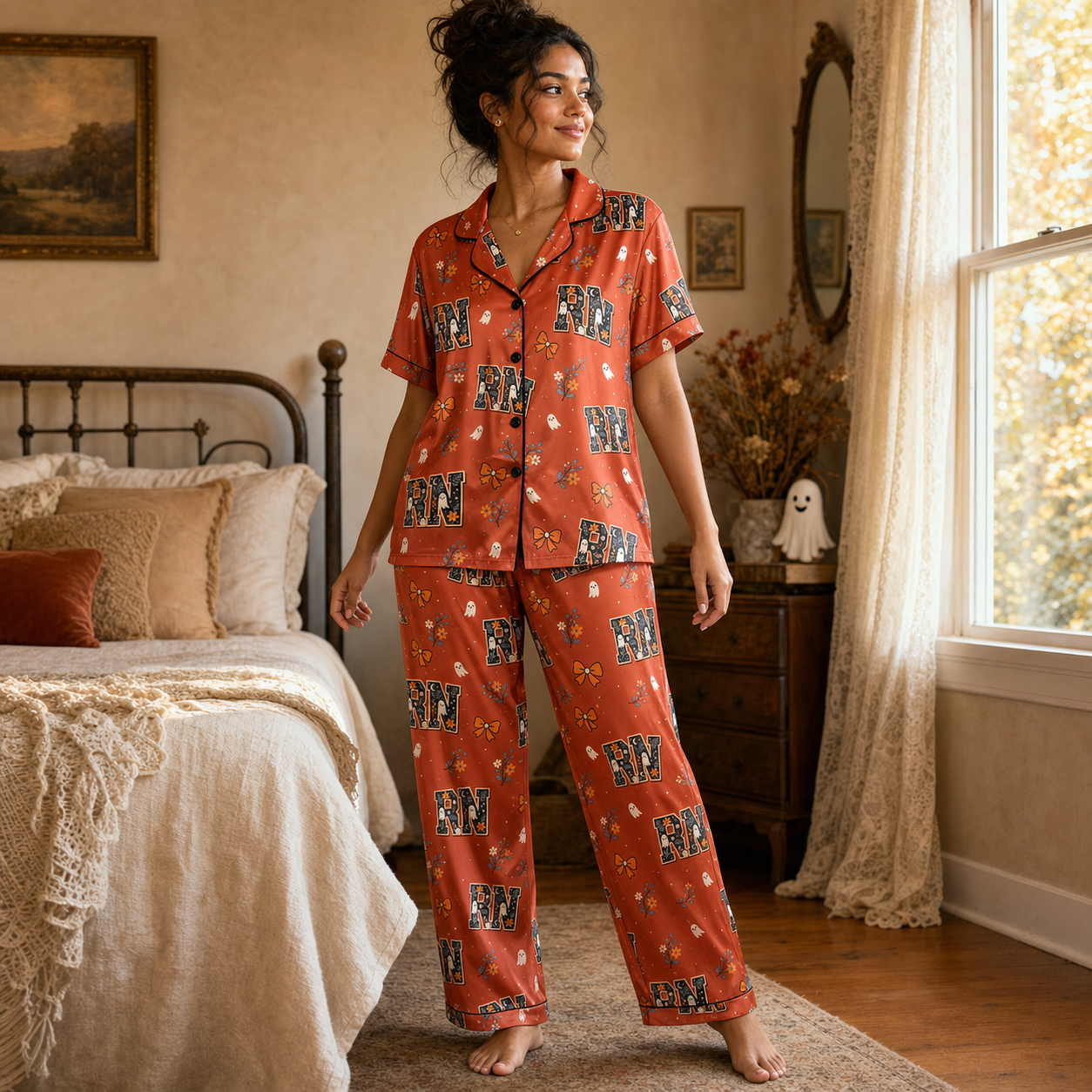 Boho Ghost Bow RN Halloween Satin Pajama Set - Long lifestyle