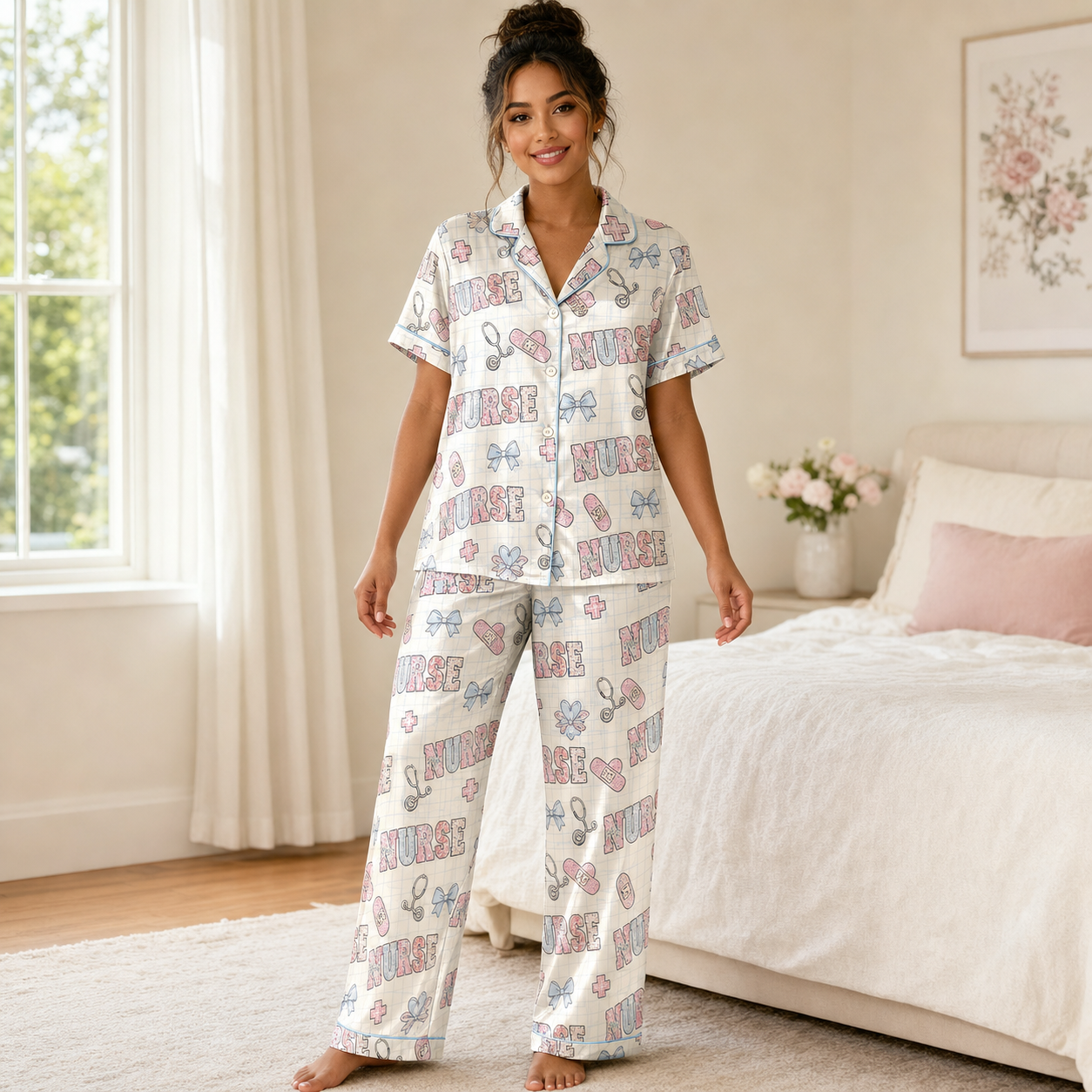 Pastel Gingham Nurse Bow Satin Pajama Set - Long Style Lifestyle