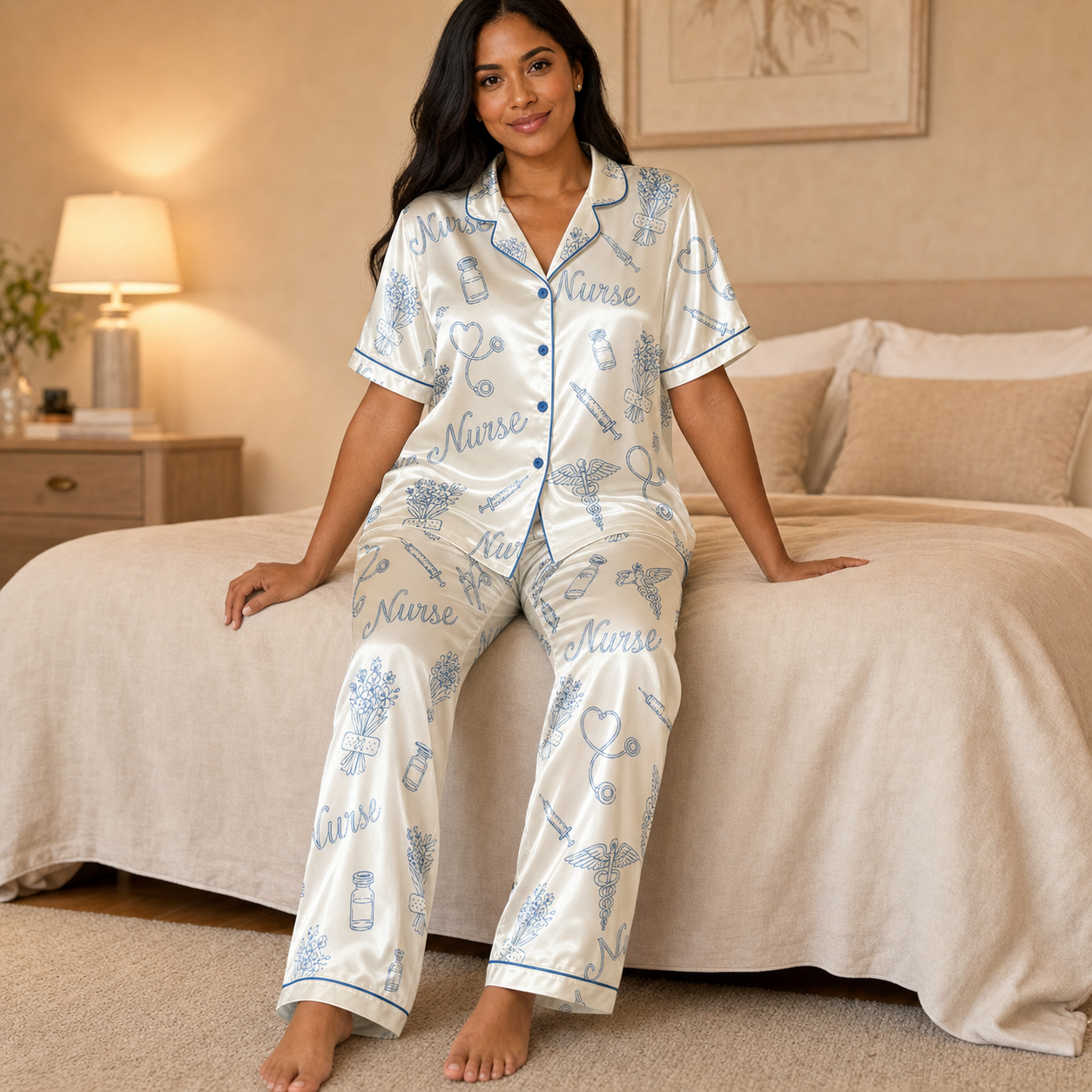 Nurse Caduceus Floral Bouquet Line Art Satin Pajama Set - Long Style Lifestyle
