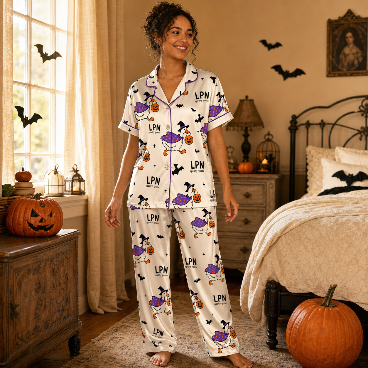 Spooky Goose LPN Halloween Satin Pajama Set - Long lifestyle