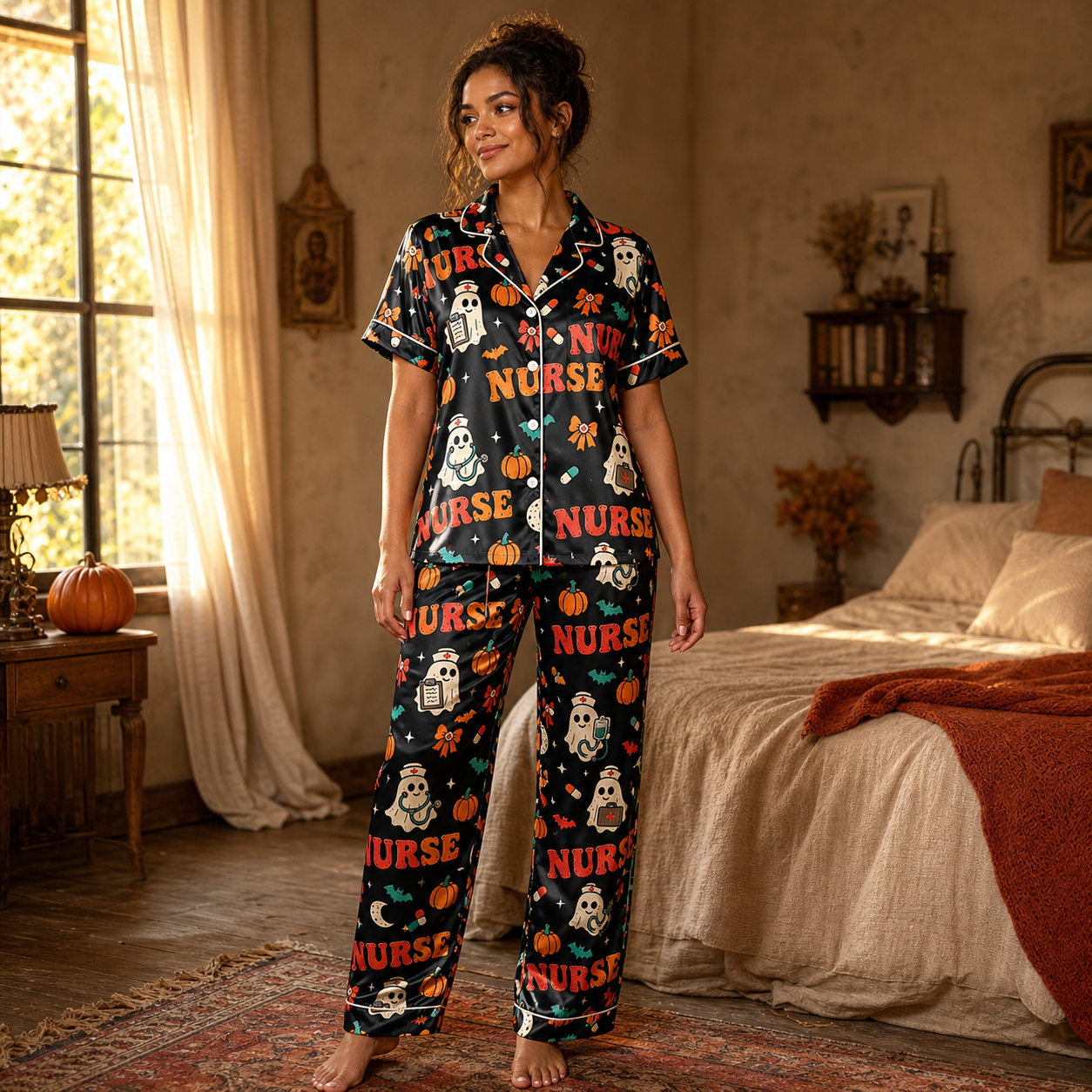 Retro Nurse Ghost Halloween Black Satin Pajama Set - Long lifestyle