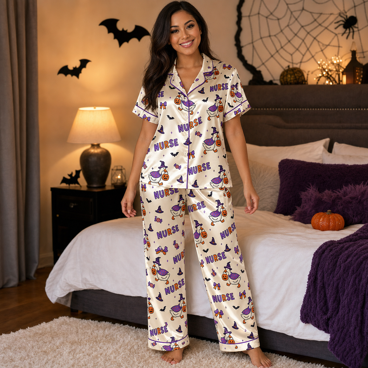 Witch Duck Nurse Halloween Satin Pajama Set - Long lifestyle