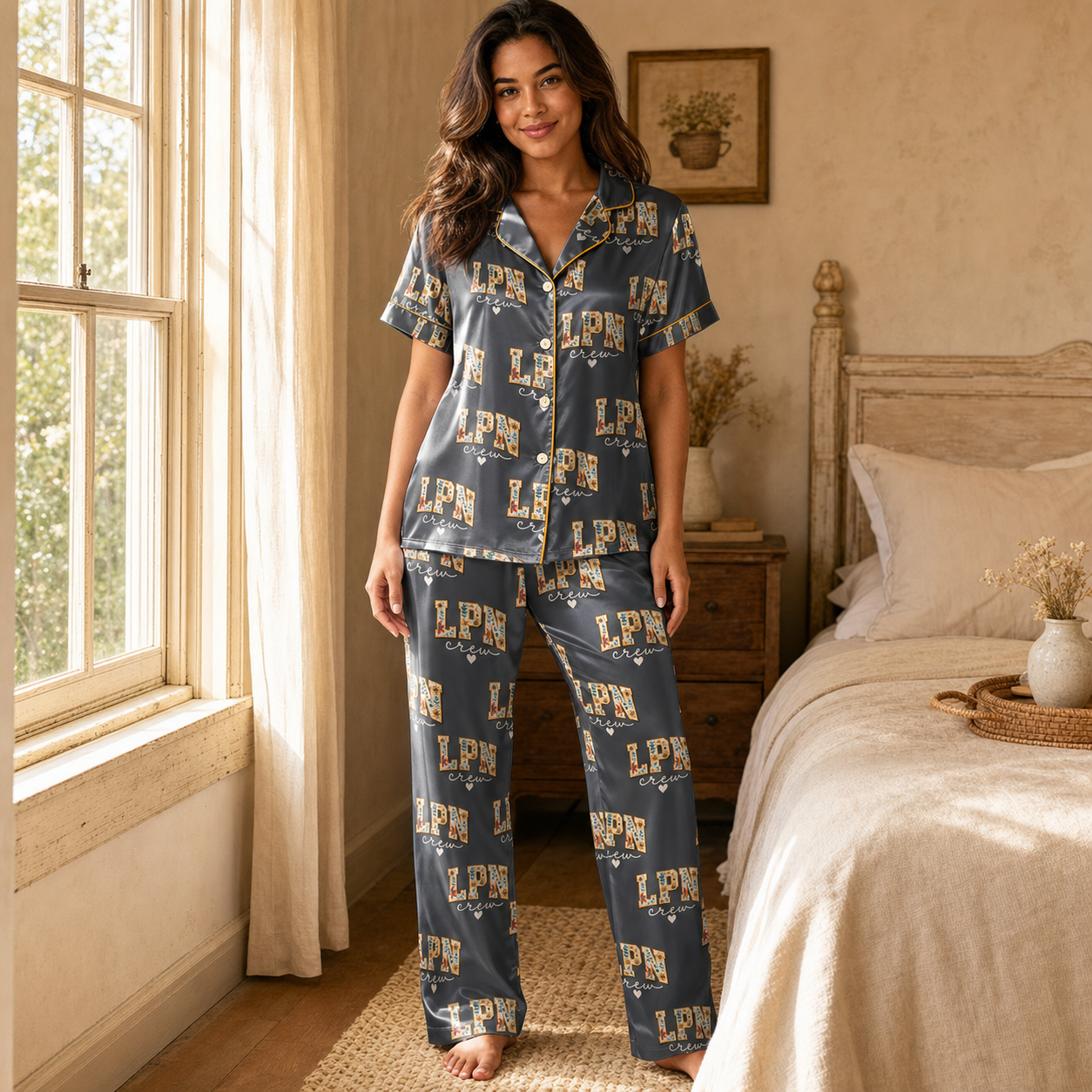 Grey Floral LPN Crew Satin Pajama Set