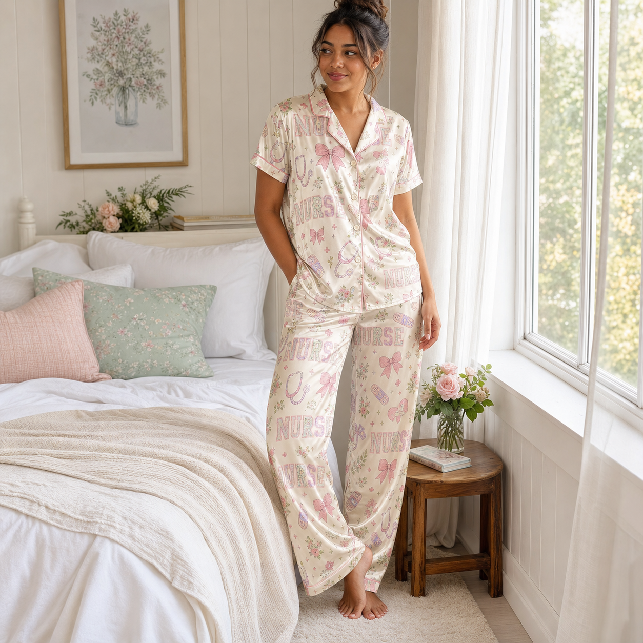 Cute Nurse Patchwork Bandage Bow Ivory Satin Pajama Set - Long Pajama Set lifestyle
