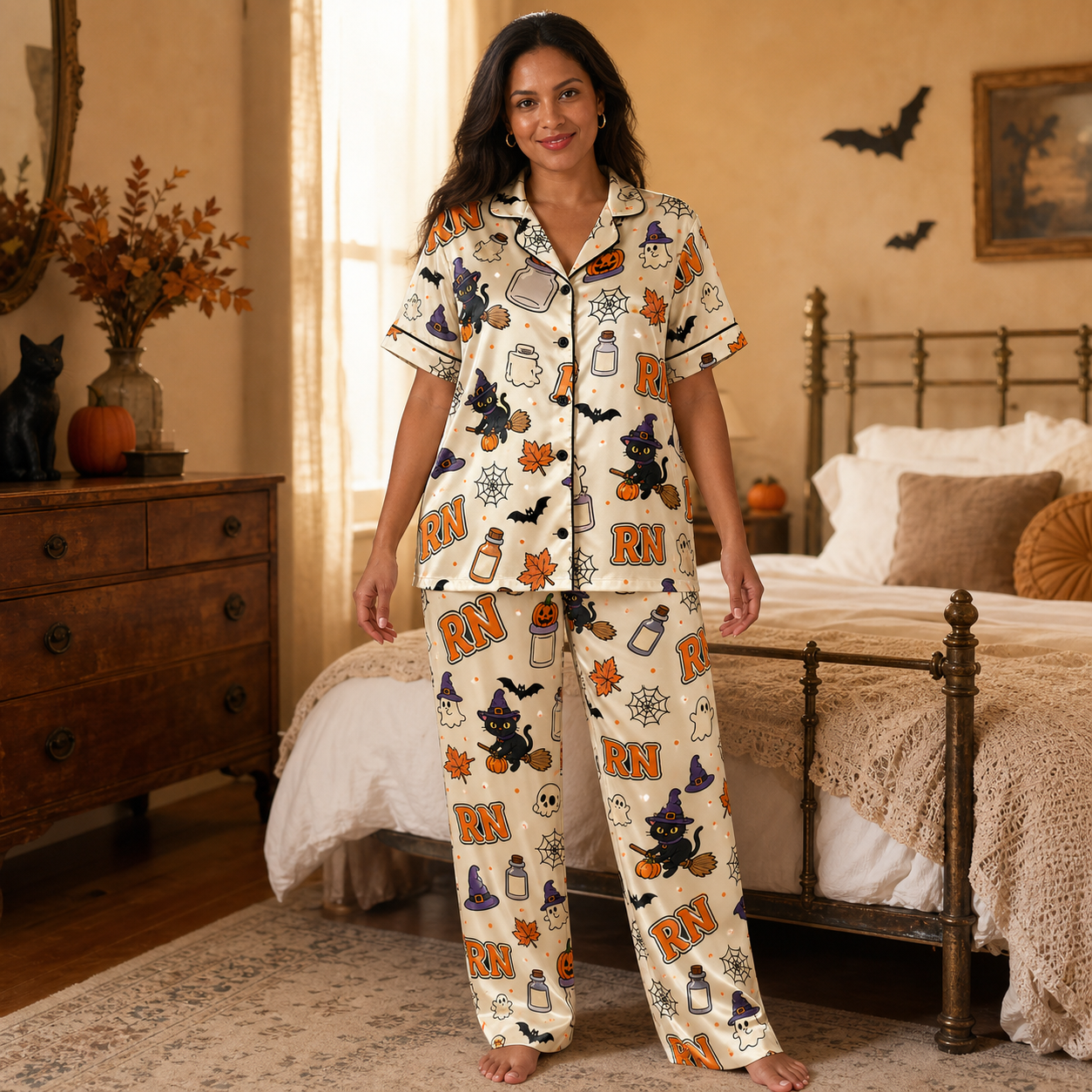Witch Cat RN Halloween Satin Pajama Set