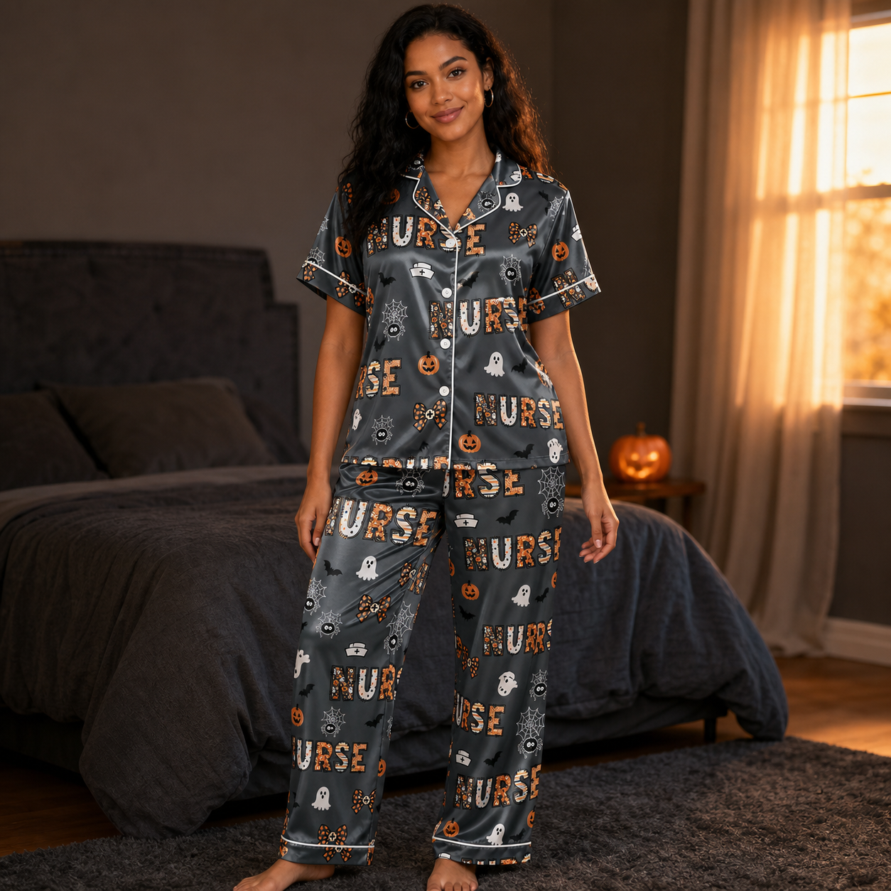 Spider Web Ghost Nurse Halloween Satin Pajama Set - Long lifestyle