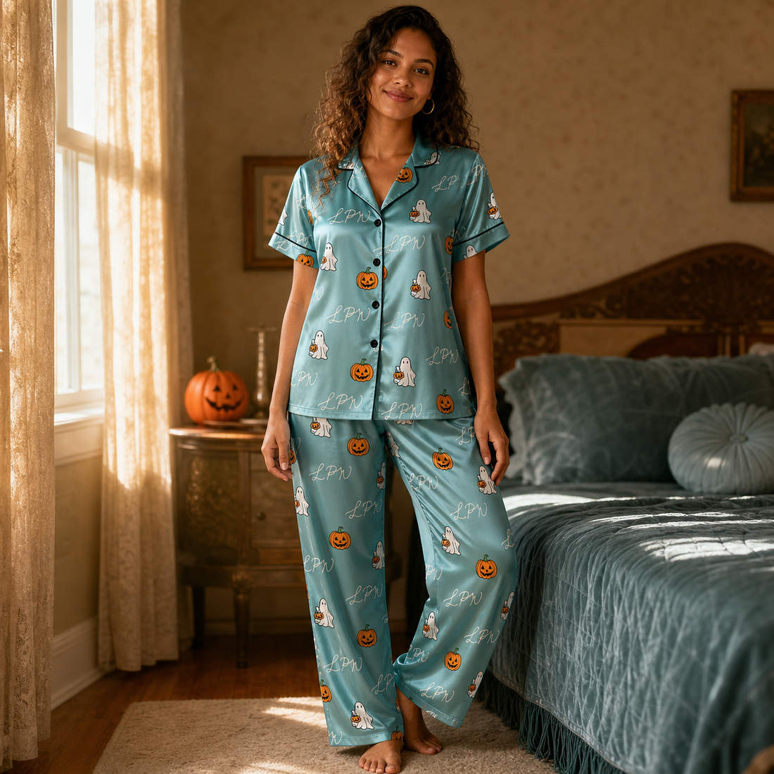 Sage Ghost Pumpkin LPN Halloween Satin Pajama Set - Short lifestyle