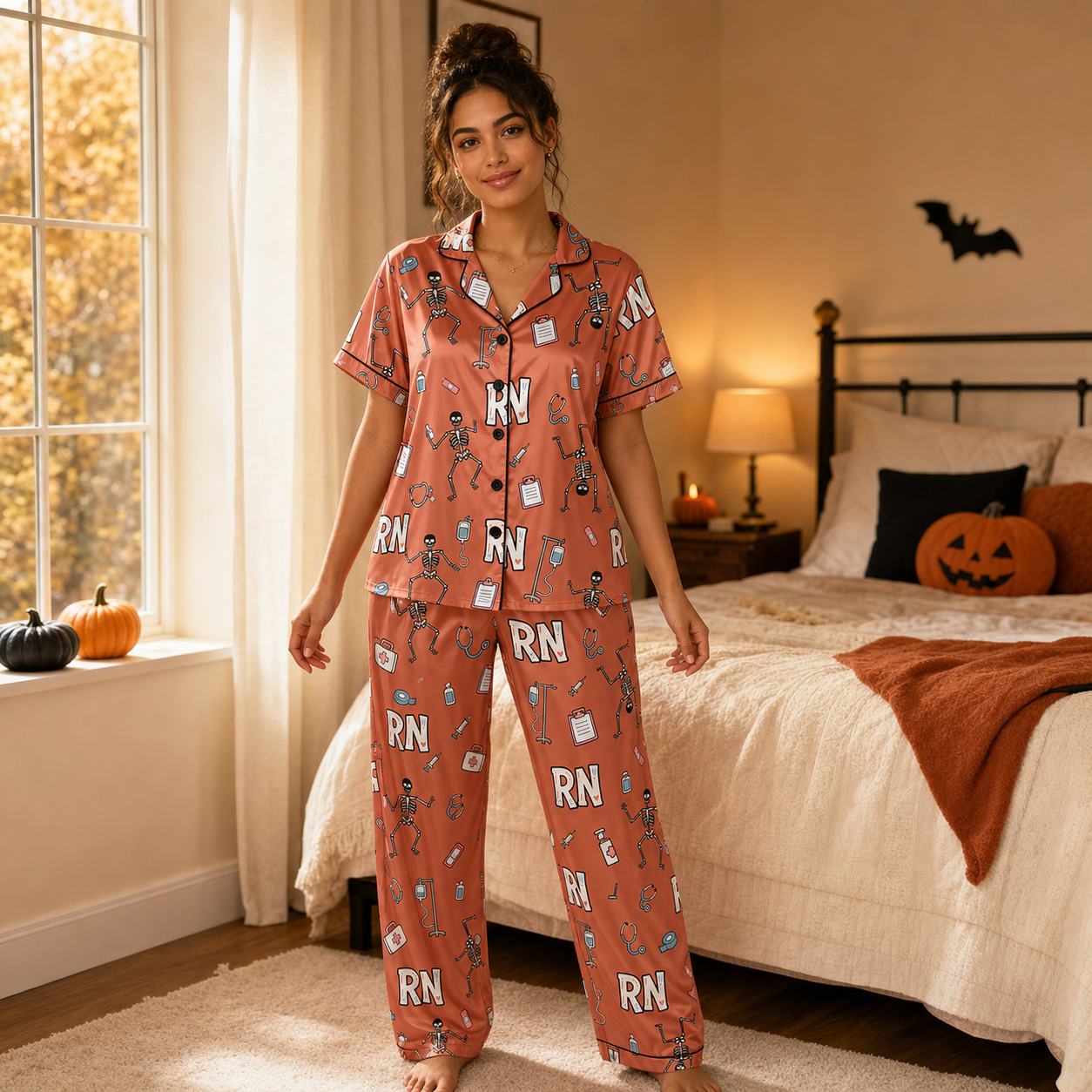 Dancing Skeleton RN Halloween Satin Pajama Set