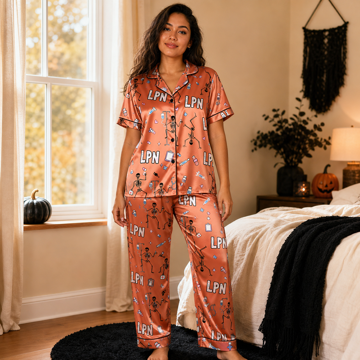 Dancing Skeleton LPN Halloween Satin Pajama Set