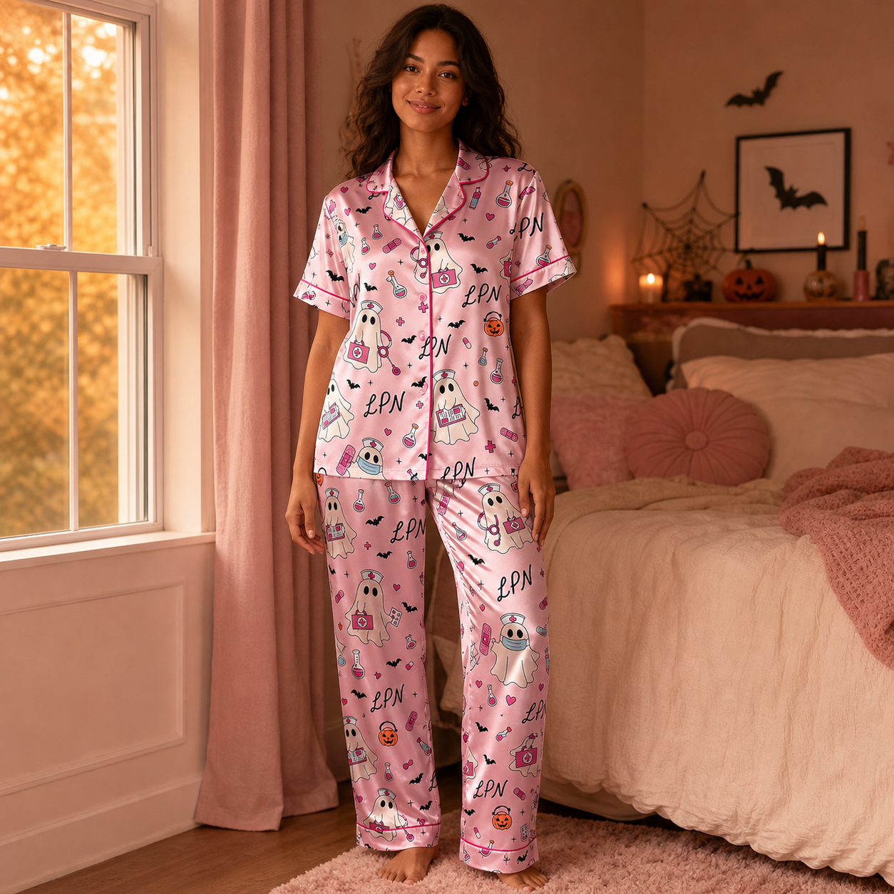 Pink Ghost Nurse LPN Halloween Satin Pajama Set - Long lifestyle