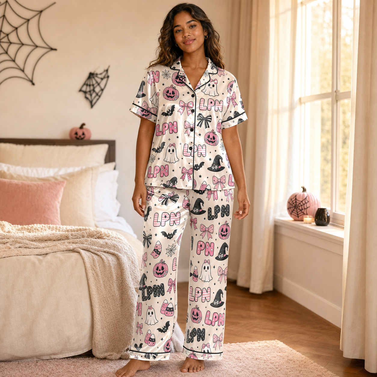 Pink Pumpkin Bow LPN Halloween Satin Pajama Set - Long lifestyle