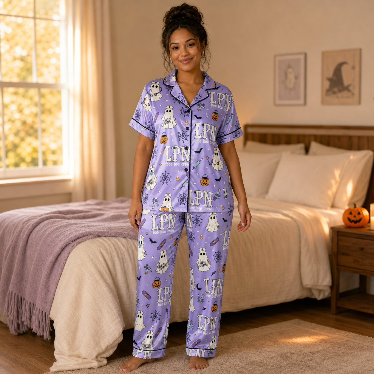 LPN Boo Boo Crew Halloween Ghost Satin Pajama Set - Long lifestyle