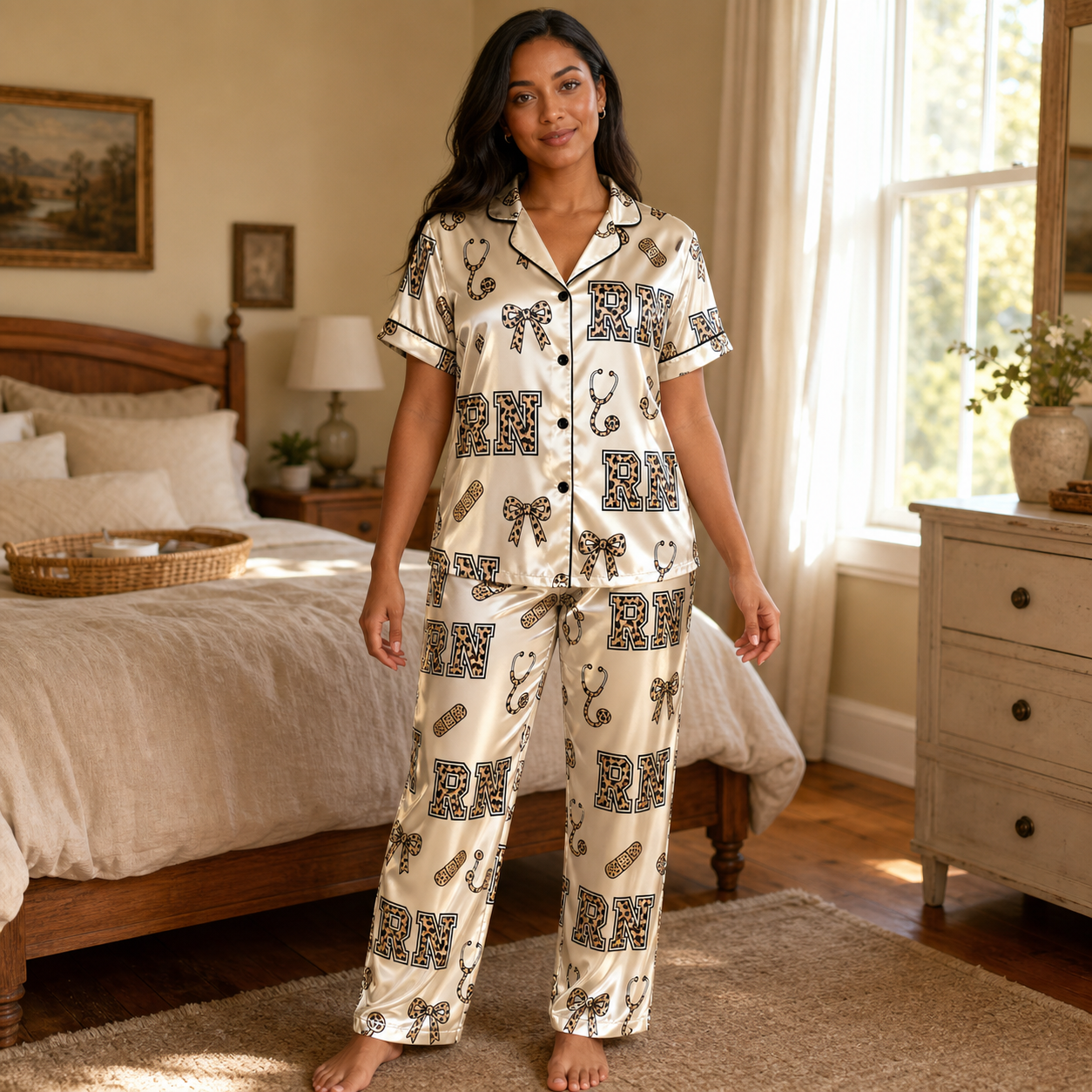 RN Leopard Print Varsity Bow Cream Satin Pajama Set - Long Style Lifestyle