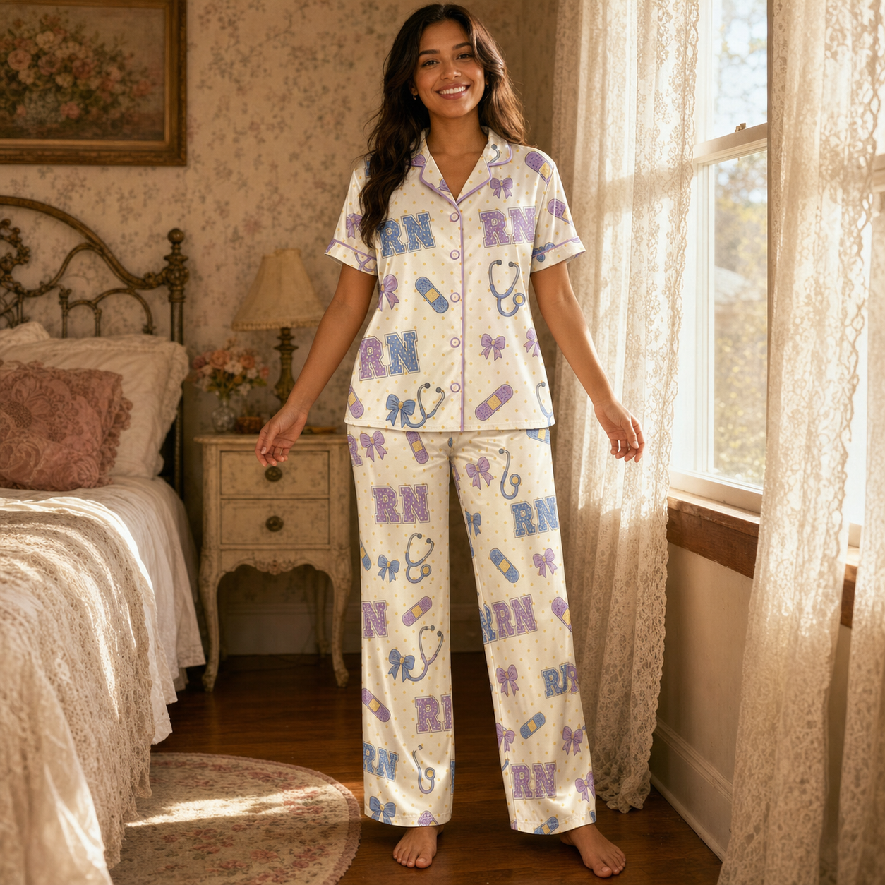 RN Polka Dot Varsity Bow Purple Satin Pajama Set - Long Style Lifestyle