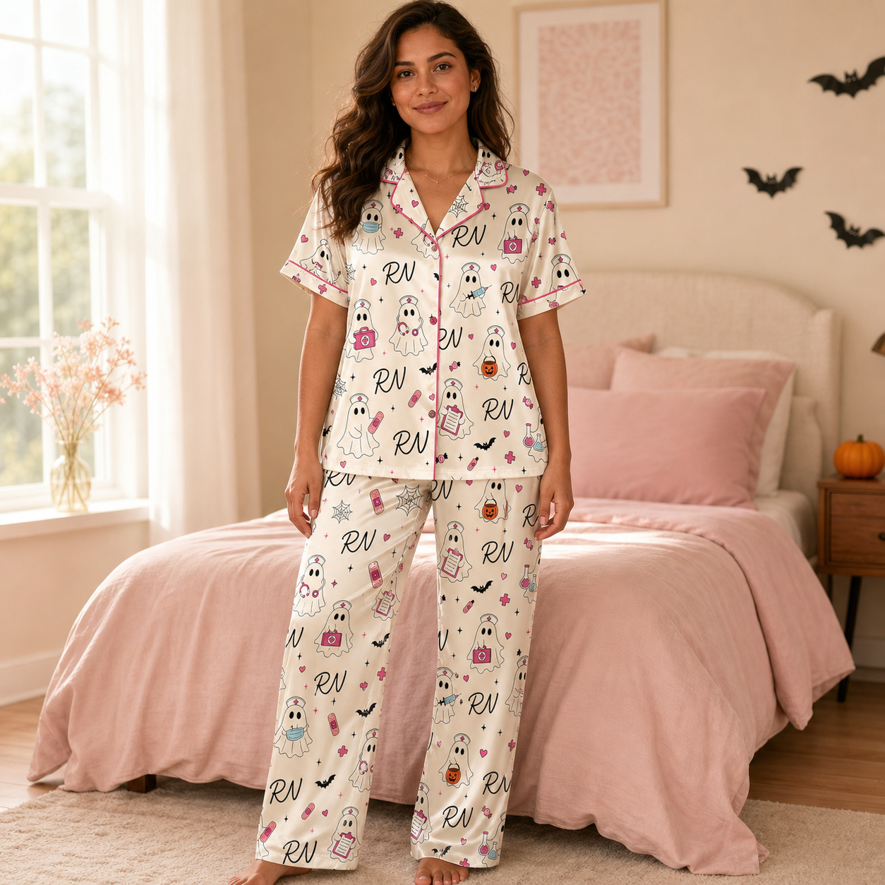Cream Pink Ghost Nurse Halloween Satin Pajama Set