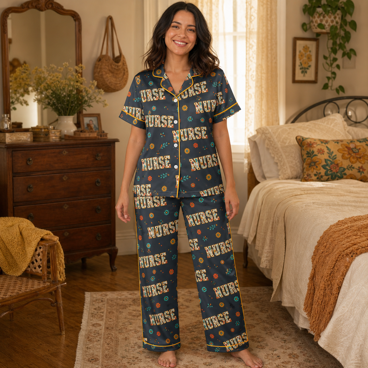 Retro Wildflower Nurse Navy Satin Pajama Set - Long lifestyle