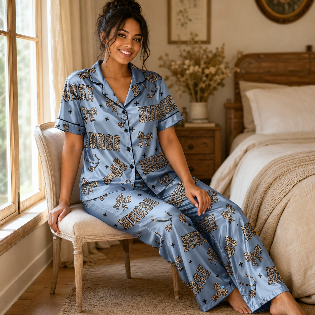 Leopard Print Nurse Bow Bandage Blue Satin Pajama Set - Long Style Lifestyle