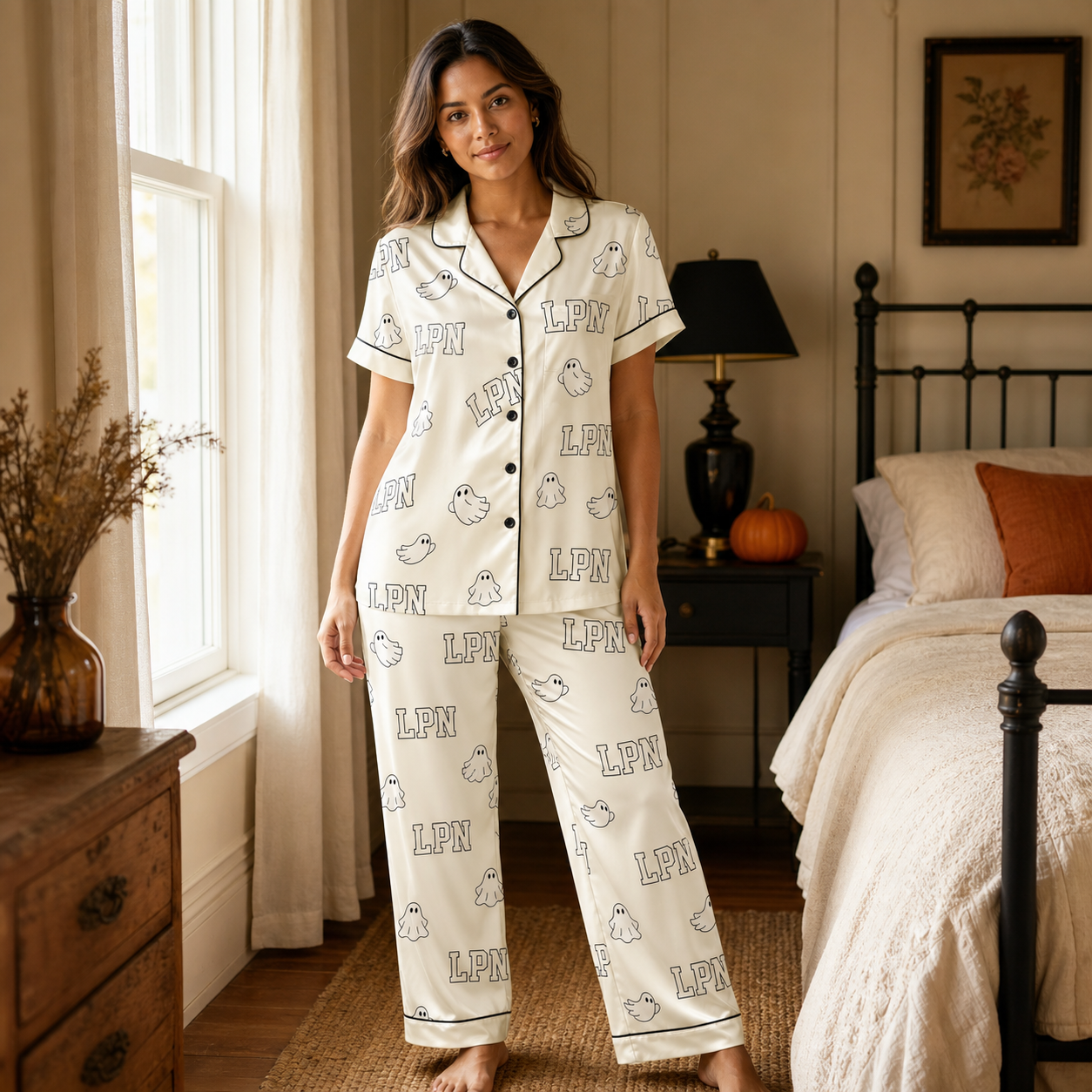 Collegiate Ghost LPN Halloween Satin Pajama Set
