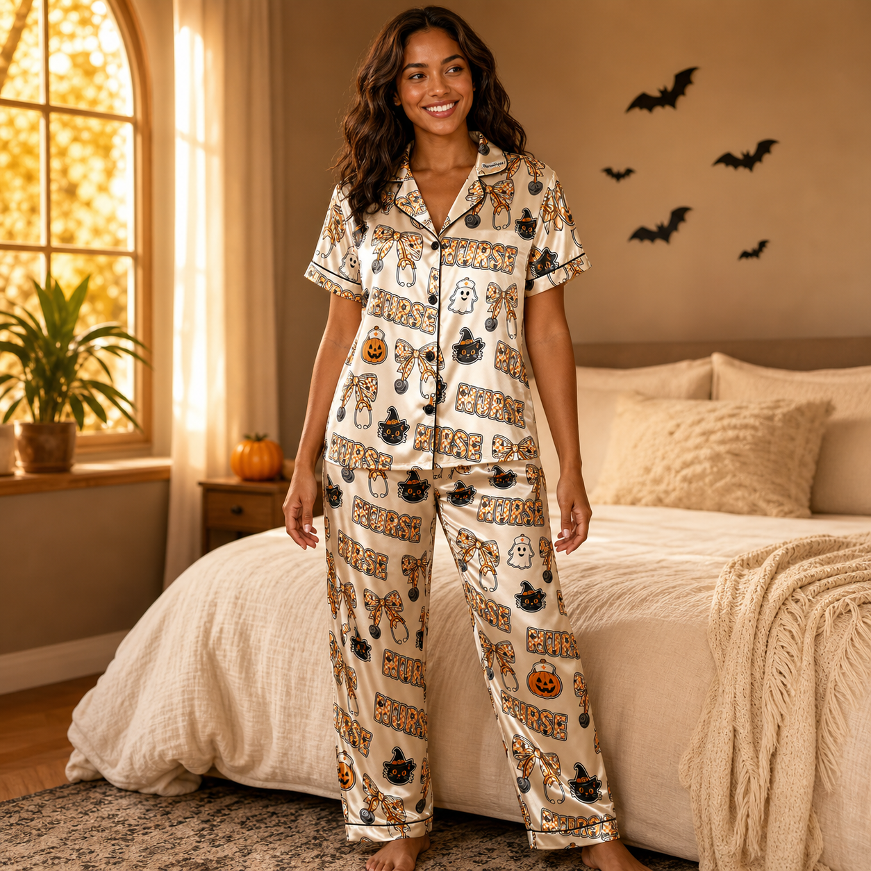 Black Cat Ghost Nurse Halloween Satin Pajama Set - Long lifestyle