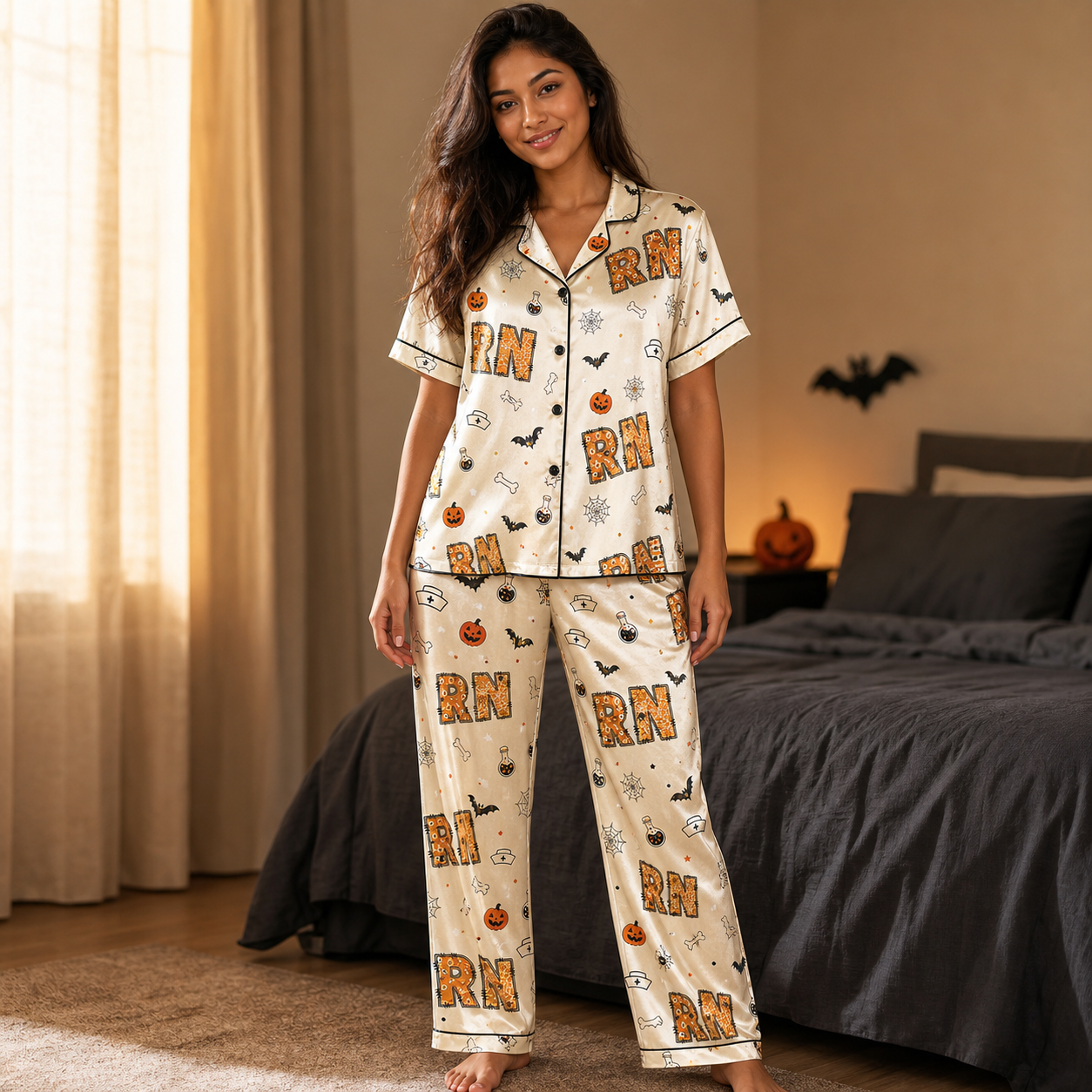 Spooky RN Halloween Pumpkin Nurse Satin Pajama Set - Long lifestyle