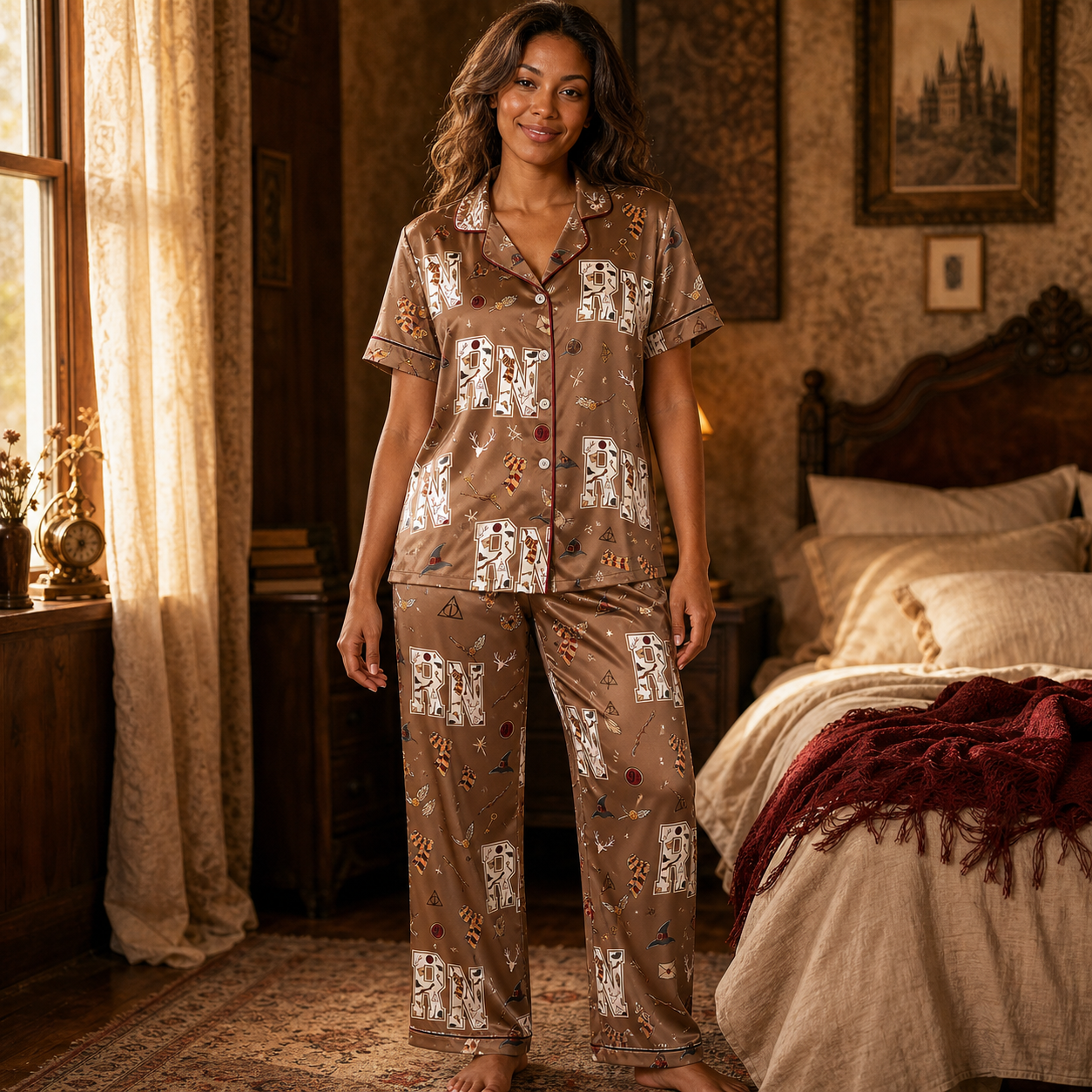 Vintage Wizard RN Brown Satin Pajama Set