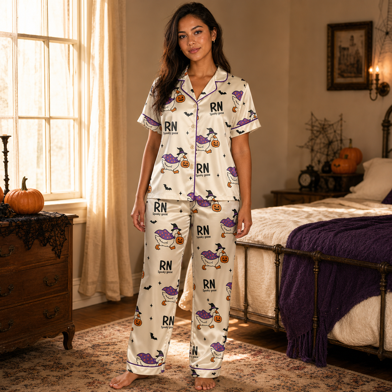Spooky Goose RN Halloween Satin Pajama Set