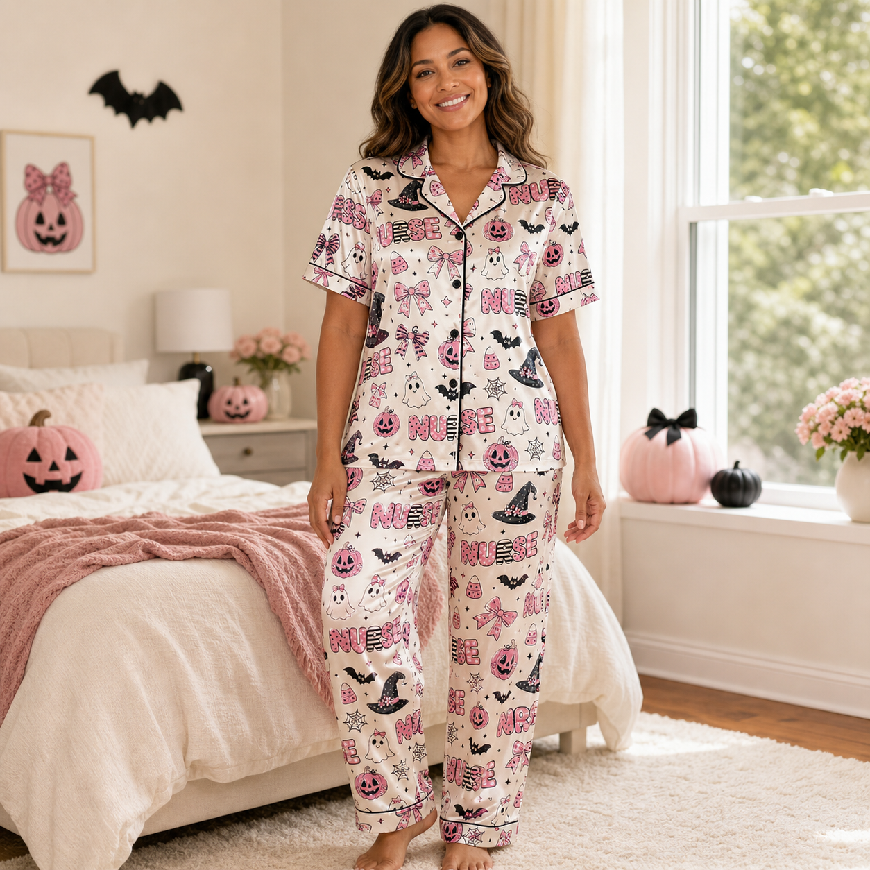 Pink Pumpkin Witch Hat Nurse Halloween Satin Pajama Set - Long lifestyle