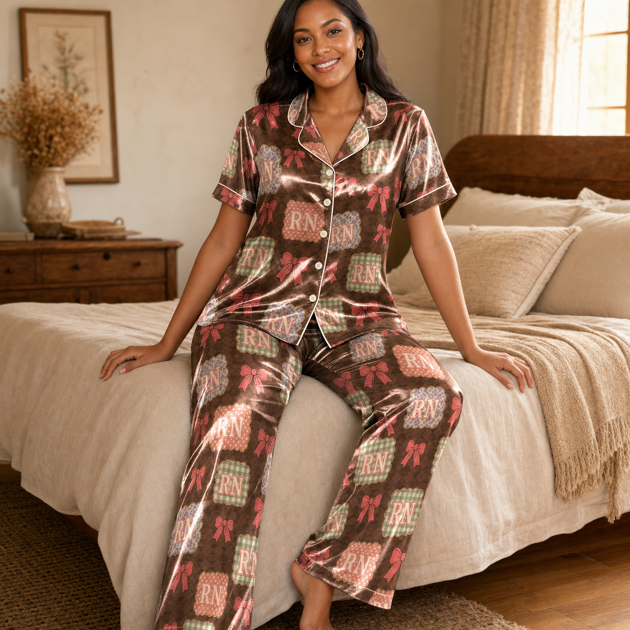 RN Scalloped Patch Bow Brown Plaid Satin Pajama Set - Long Style Lifestyle